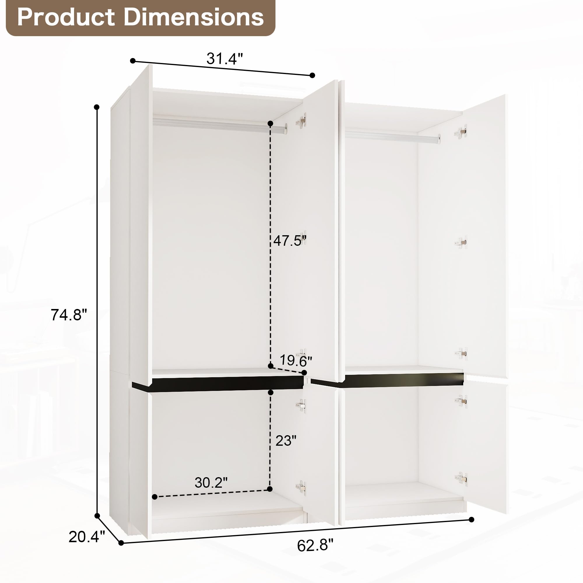 Swyanste White Armoire Wardrobe Closet: 74" Large Wardrobe Closet with 4 Doors, Wood Closets Cabinet for Hanging Clothes, Freestanding Bedroom Armoires (63 in-4 Doors)