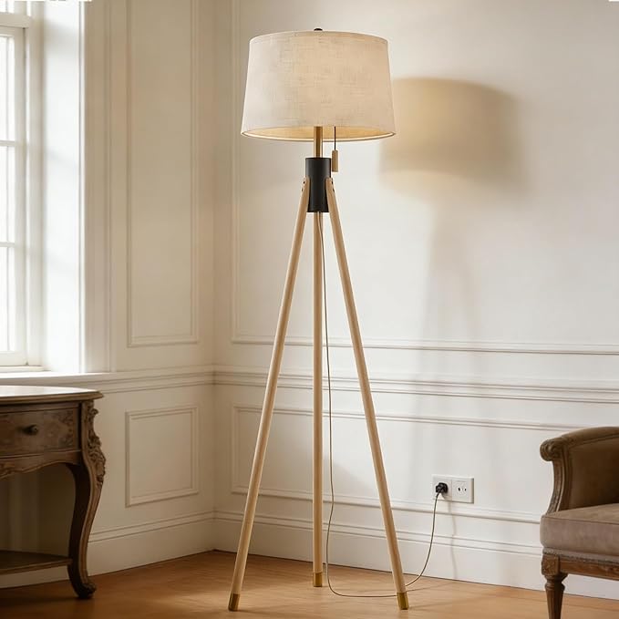 Mid-Century Tripod Floor Lamp with Linen Shade & Pull Chain