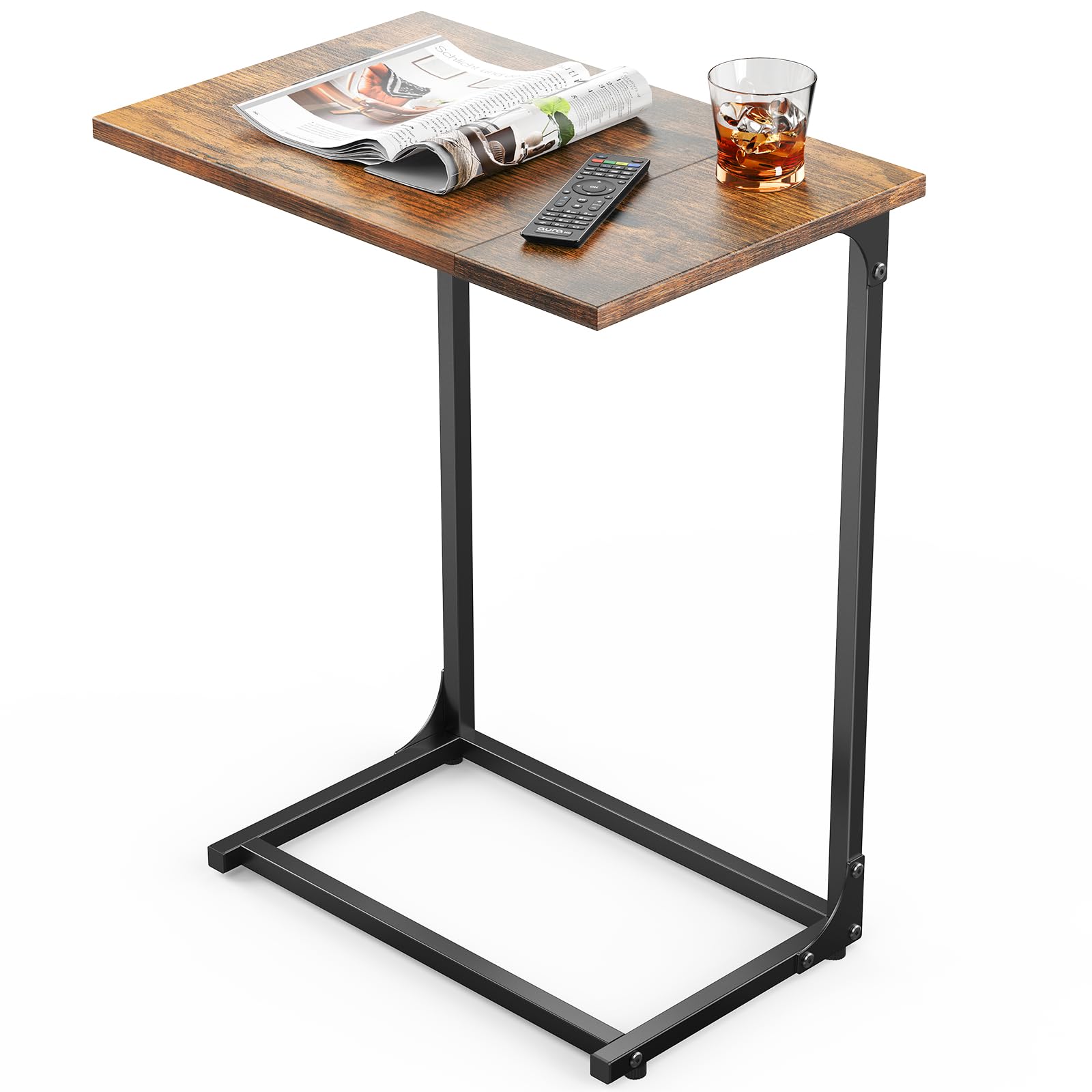 Pipishell C-Shaped Side Table, C Table for Sofa with Two-Piece Desktop & Metal Frame, Large Surface End Table for Living Room, Bedroom, Beside, and Home Office, Rustic Design