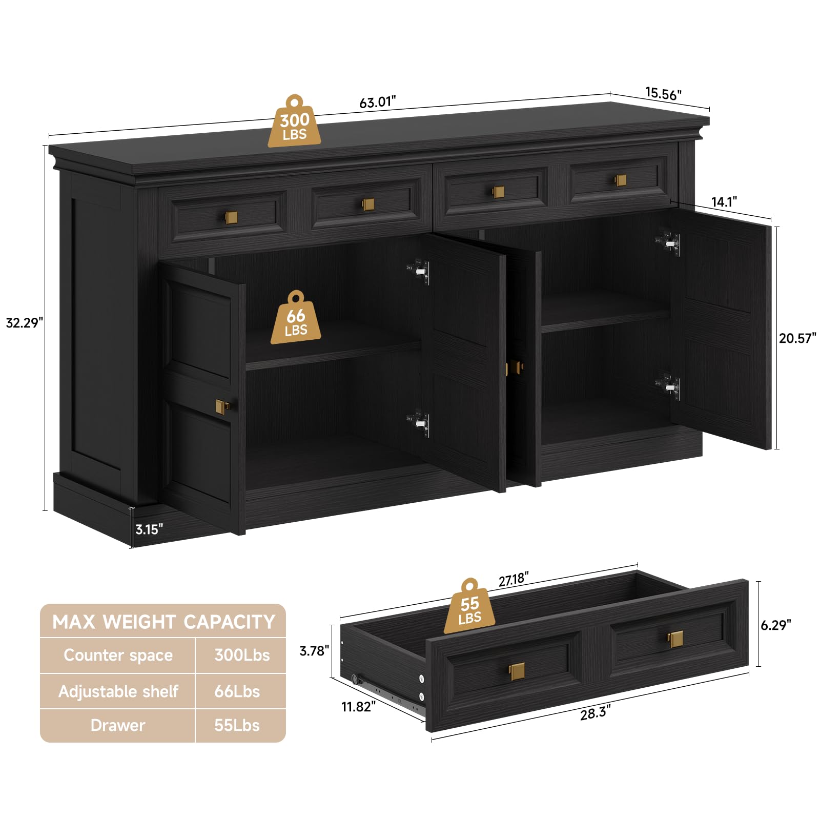 63" Buffet Cabinet with Storage & Drawers