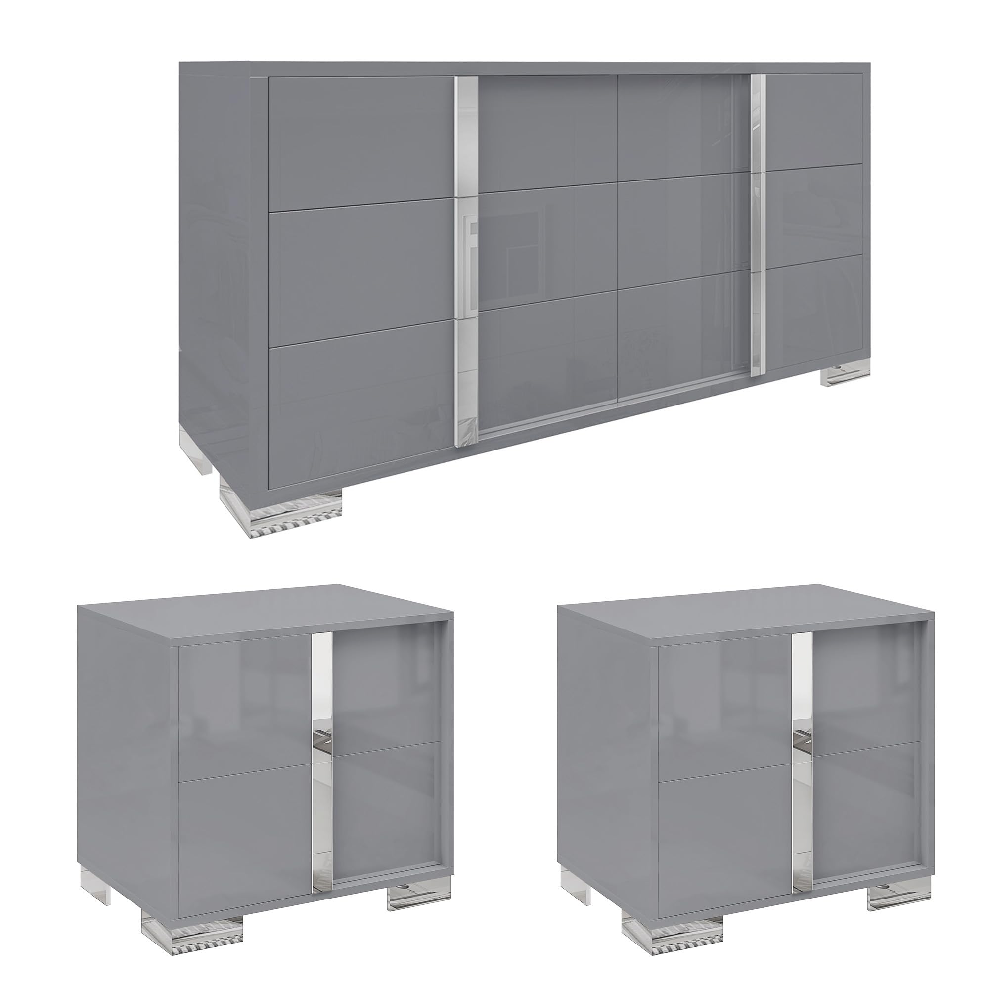 3-Piece Bedroom Dresser Set with Nightstands – Grey