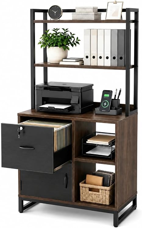 Filing Cabinet with Bookshelf & Charging Station