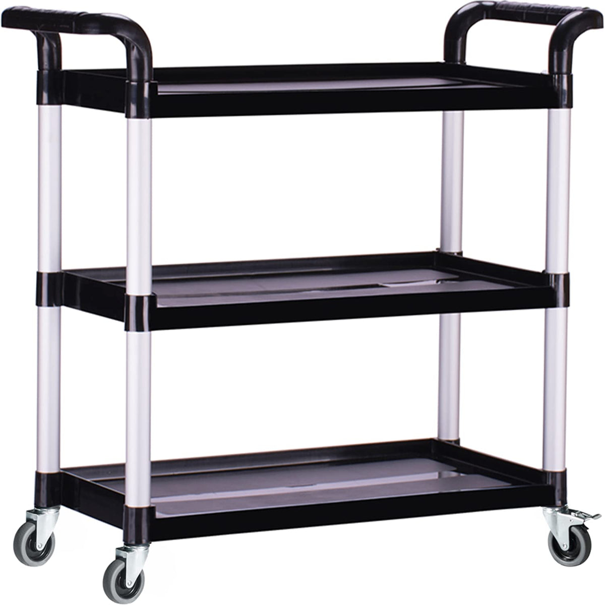 BRLJUNEO Plastic Utility Carts with Wheels, Heavy Duty 510lbs Capacity Rolling Service Cart, 3-Tier Restaurant Food Cart with Hammer for Office, Warehouse, Garage (2 Lockable Wheels, Black)