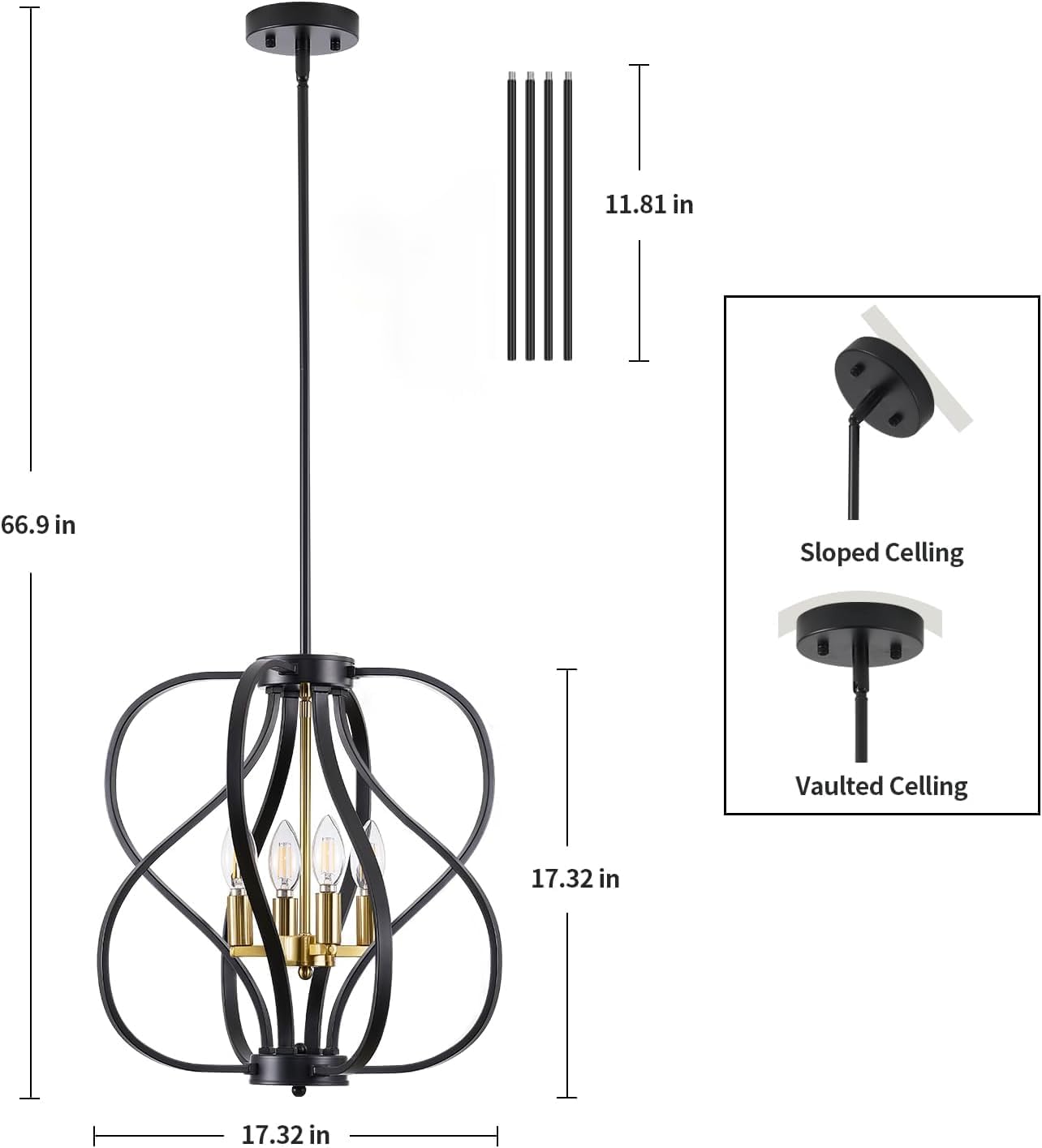 Black and Gold Chandelier Light Fixture, 18" Modern Farmhouse Industrial Chandelier, 4-Light Sphere Geometric Hanging Pendant Light Fixture for Dining Room Entryway Hallway Living Room Kitchen Island