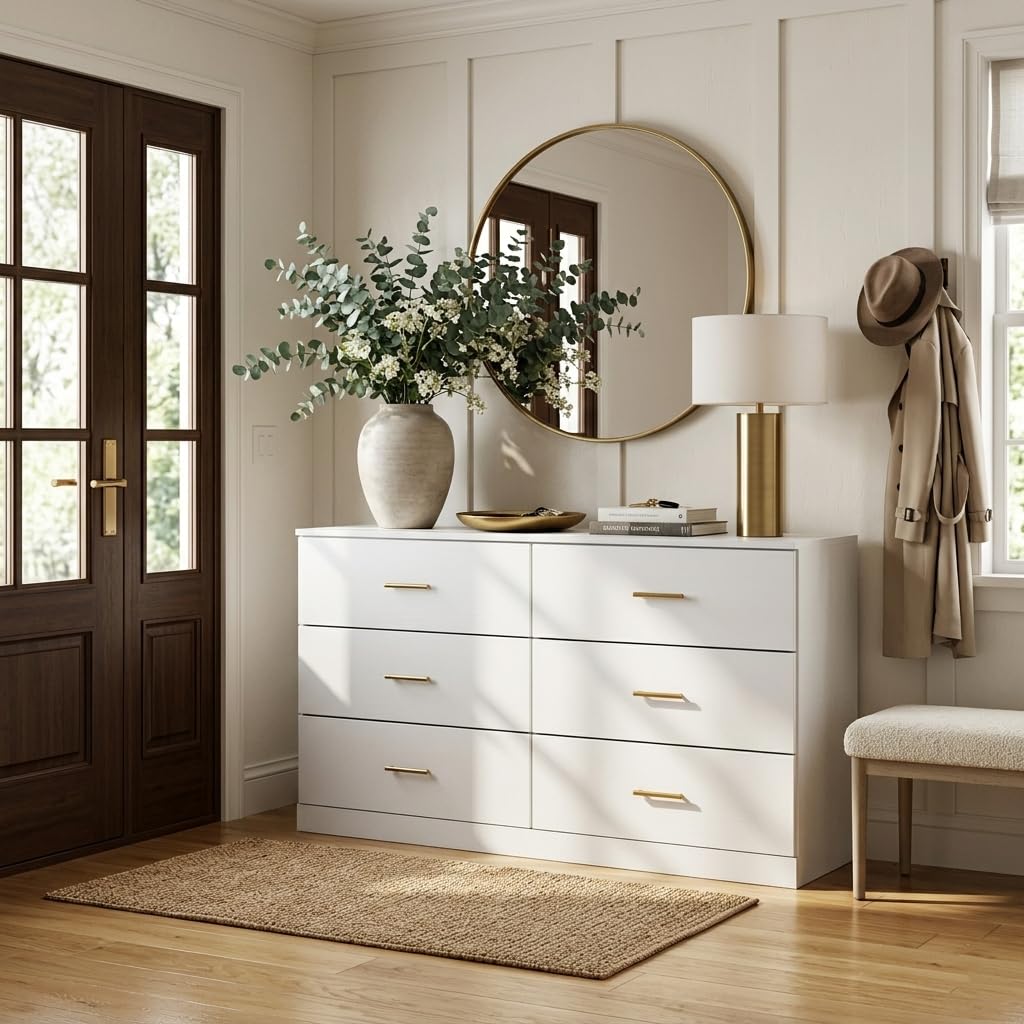 YMW 47" Modern White Dresser for Bedroom, 6-Drawer Wooden Chest of Drawers with Gold Handles,Wide Storage Cabinet for Living Room, Kid&Nursery Entryway