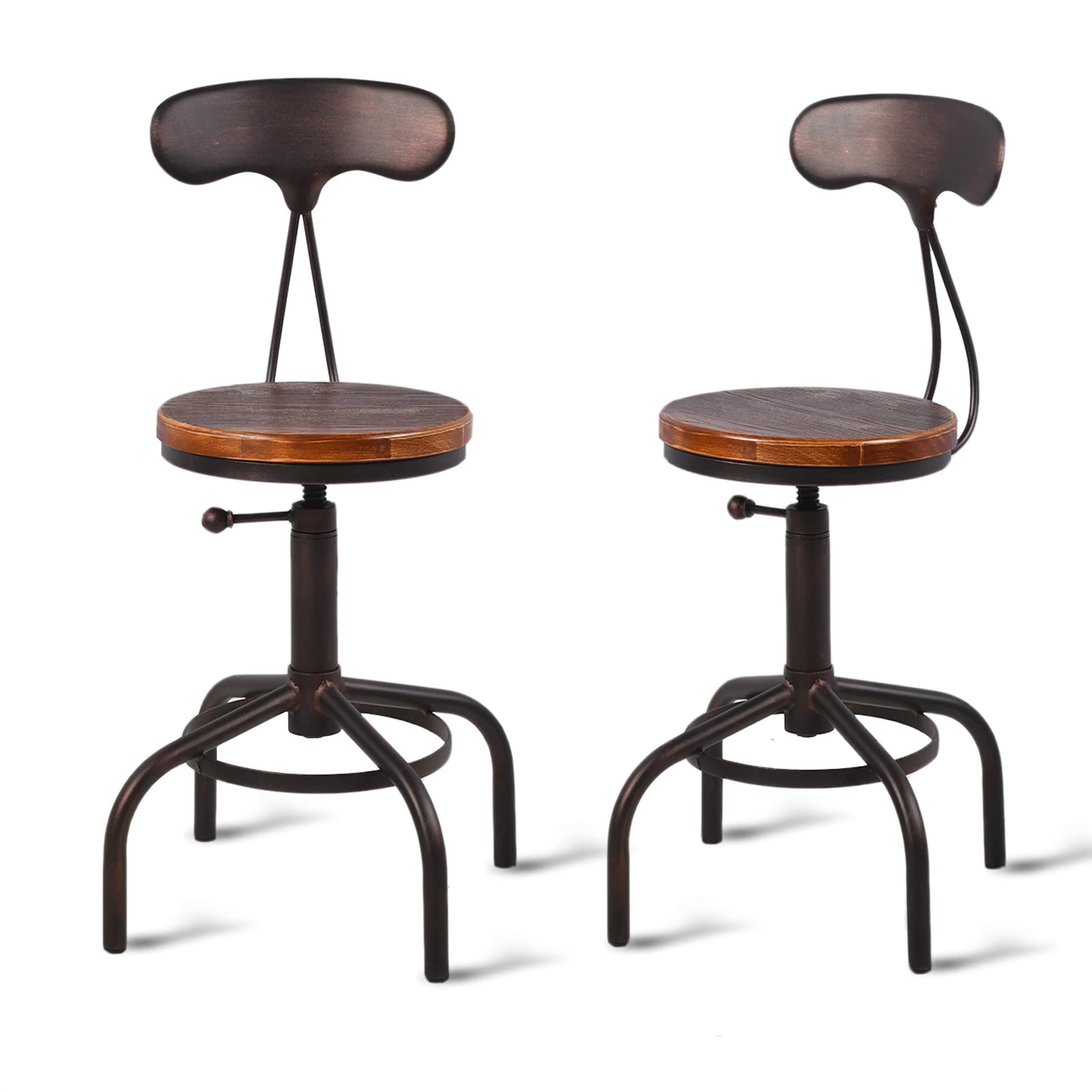Topower 3 Piece Pub Table and Stool Set Round Bar Table Adjustable Height Coffee Table Farmhouse Counter Height Bar Stools with Backrest Copper 1 Table + 2 Stools
