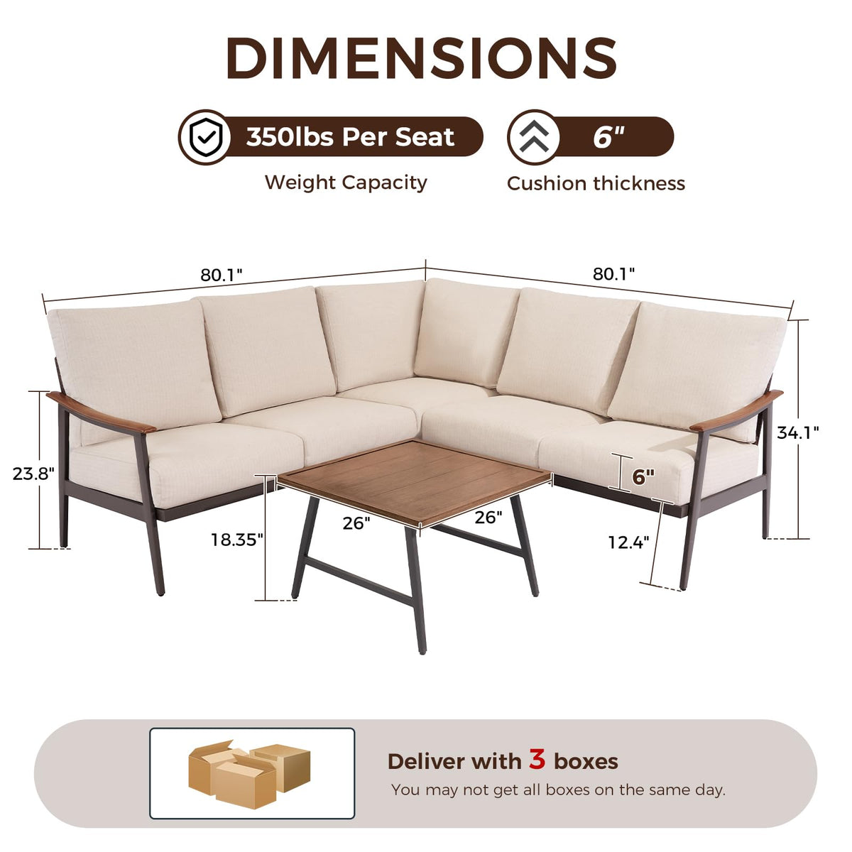 6 Pieces L-Shape Patio Furniture Set, Outdoor Sectional Sofa, Woodgrain Arm