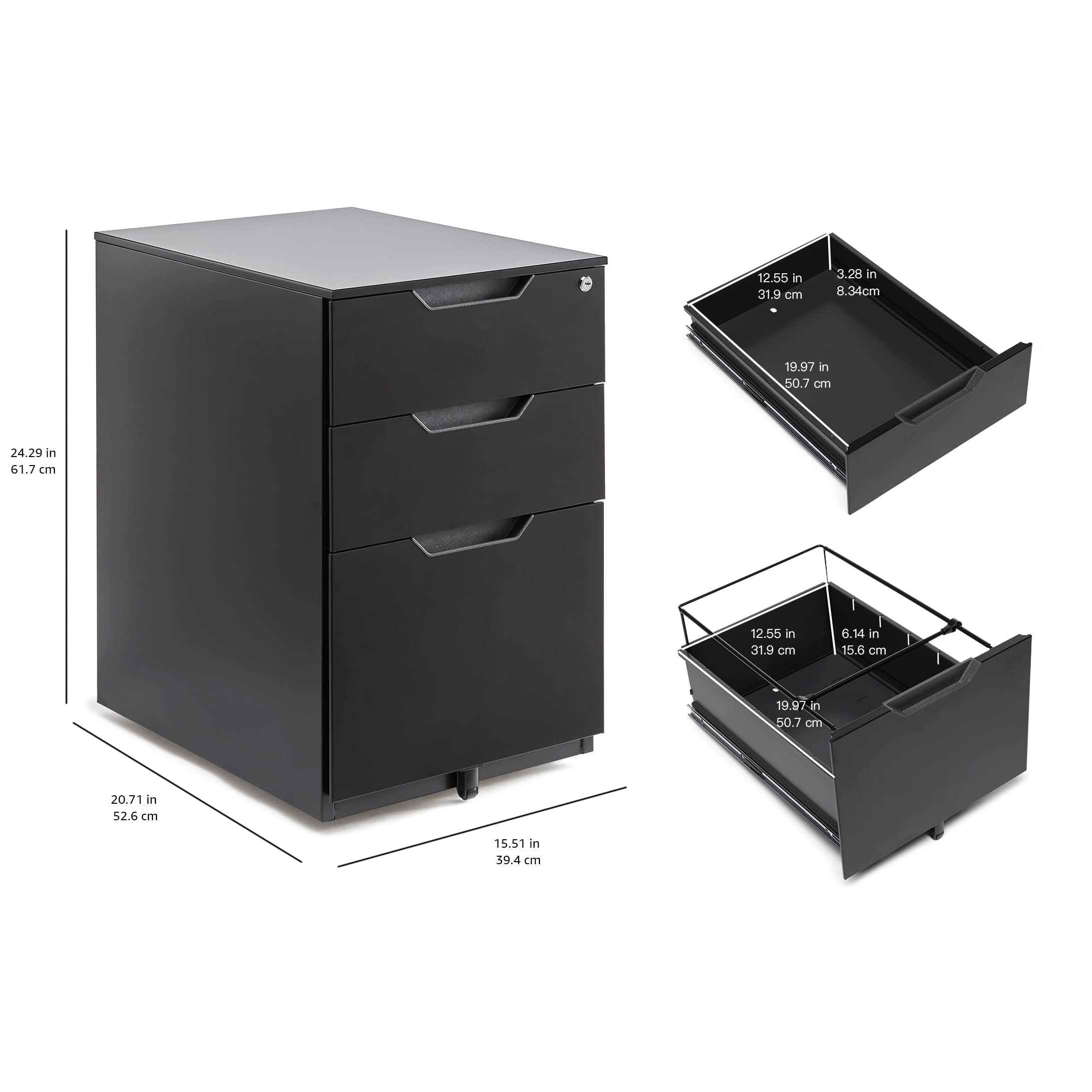 3-Drawer Mobile File Cabinet with Lock
