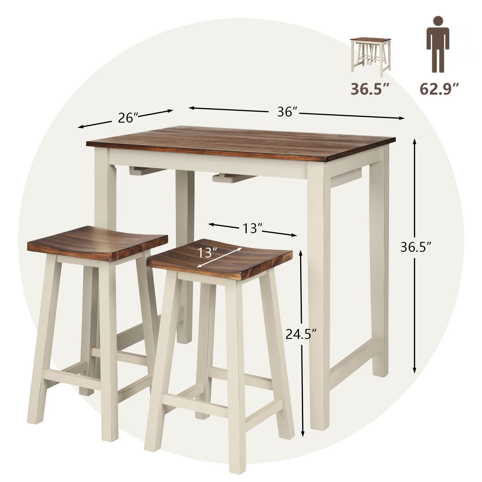 3-Piece Counter Height Dining Set with Saddle Stools