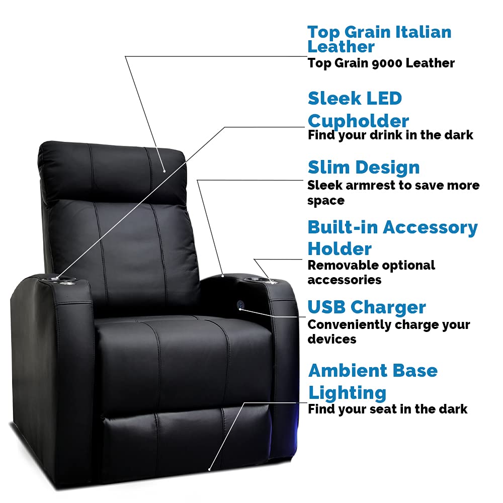 Valencia Syracuse Home Theater Seating | Premium Top Grain Nappa 9000 Leather, Power Recliner, LED Lighting (Row of 2, Black)