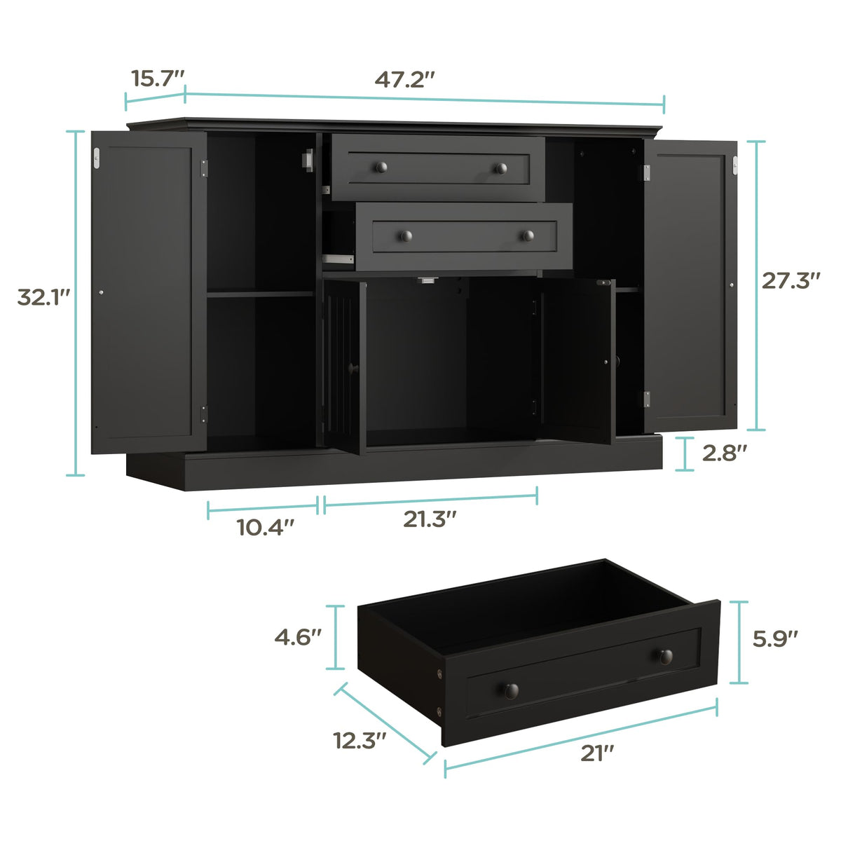 DecoFurn Farmhouse 47" Buffet Cabinet with Storage,Large Sideboard Buffet with Drawers and Adjustable Shelves, Rusitc Coffee Bar Cabinet for Kitchen, Black