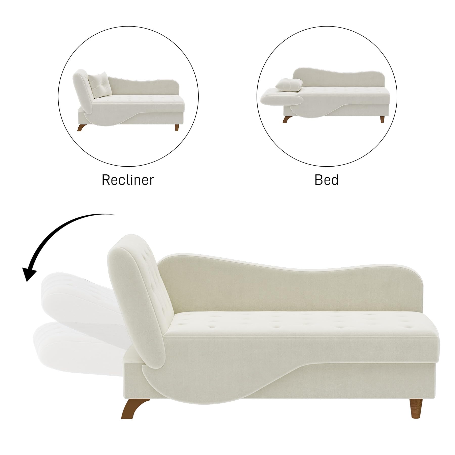 DAMAIFROM Chaise Lounge Chair Indoor with Storage, Adjustable Backrest Recling Reading Chair Sleeper Sofa Bed with Pillow, 3 in 1 Velvet Futon Lounge Chair for Living Room Bedroom, Beige White