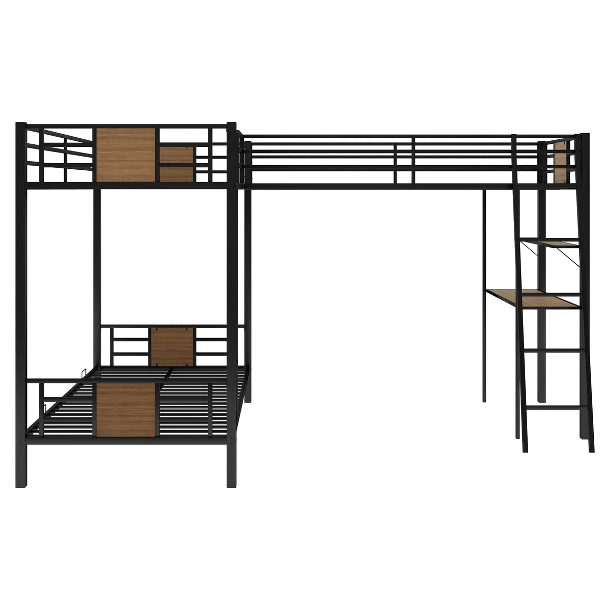 L-Shaped Twin Over Twin Bunk Bed with Twin Size Loft Bed with Desk and Shelf,Brown