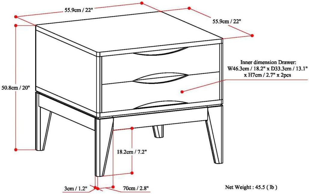 SIMPLIHOME Harper End Table - 22 inch Wide Solid Wood 2 Drawer Side Table in Walnut Brown, Mid Century Modern Accent Table for Living Room with Tapered Legs and Notched Handles