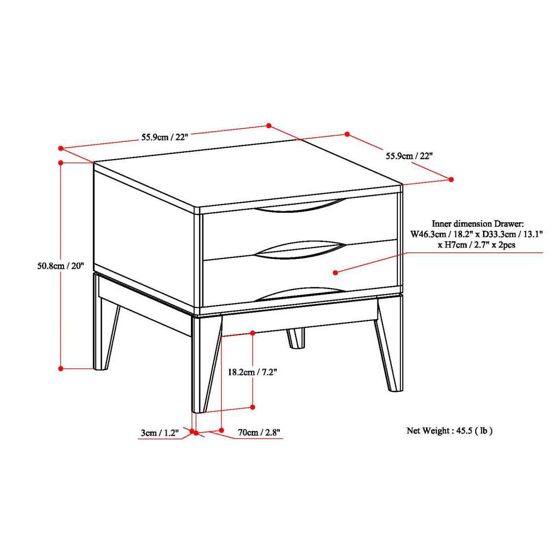SIMPLIHOME Harper End Table - 22 inch Wide Solid Wood 2 Drawer Side Table in Walnut Brown, Mid Century Modern Accent Table for Living Room with Tapered Legs and Notched Handles