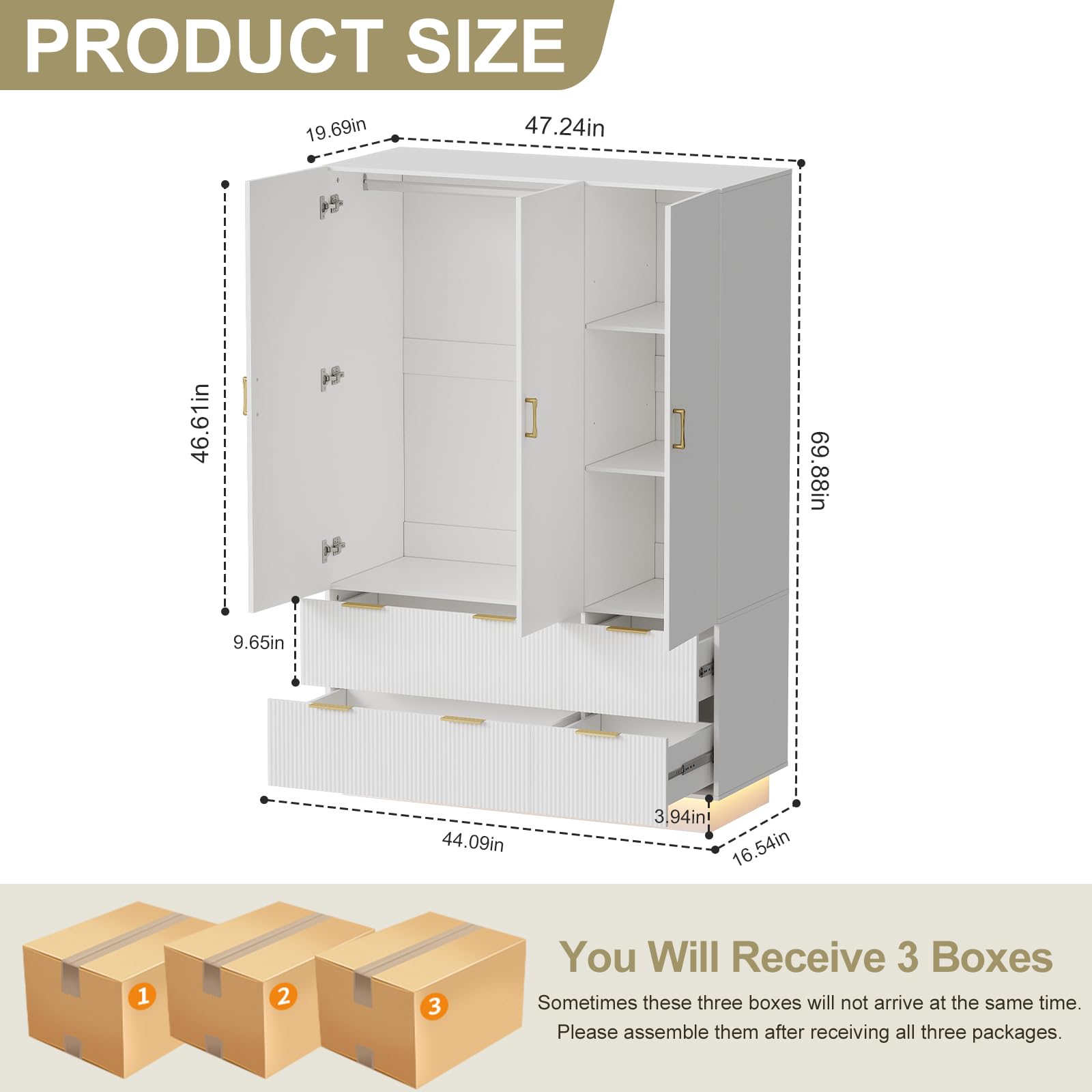 3-Door Wardrobe Closet with Mirror & LED Lights