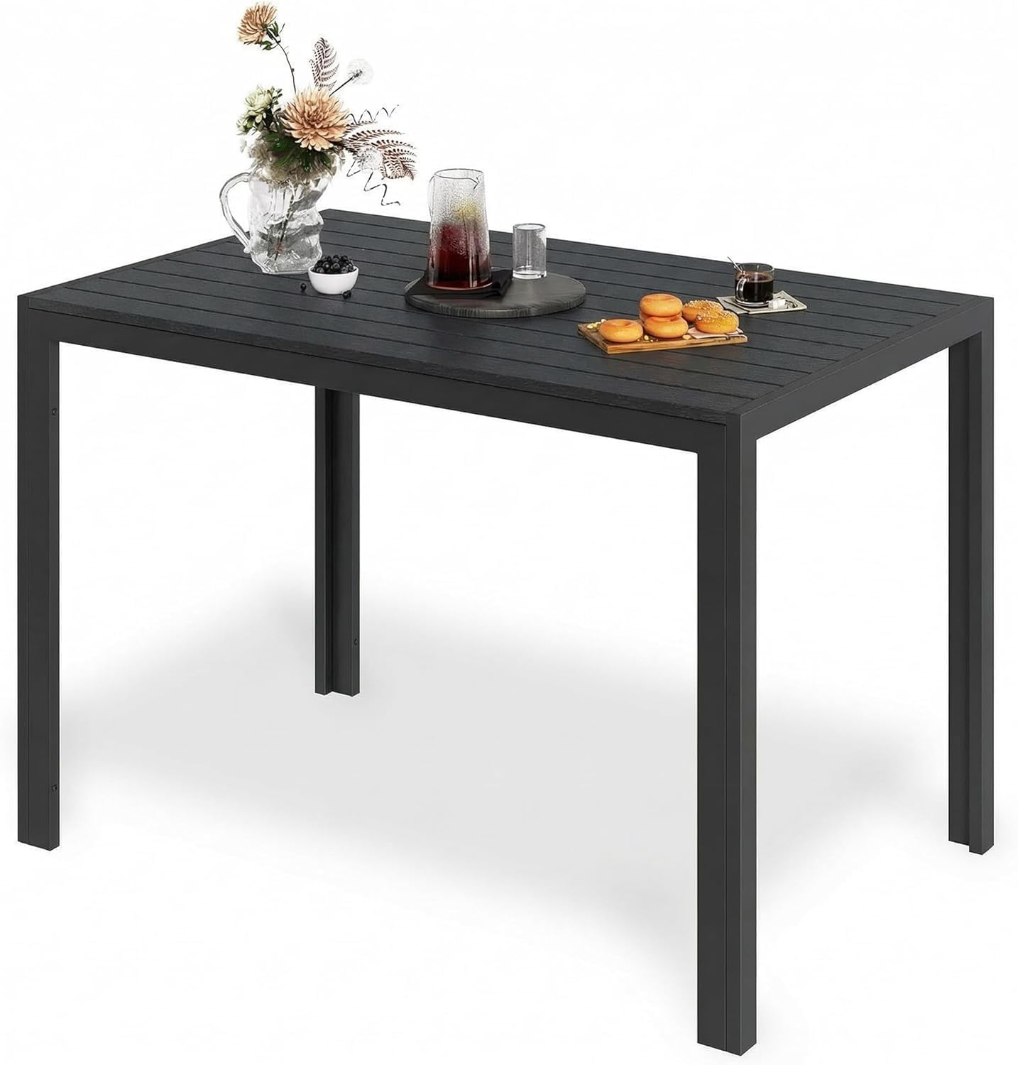 LIFERUN Outdoor Patio Table for 4-6 Person, 43×28in Rectangle Outdoor Dining Table with Wooden-Like Top and Aluminum Frame, Heat and Weather Resistant, Ideal for Garden, Patio, Poolside, Porch, Black