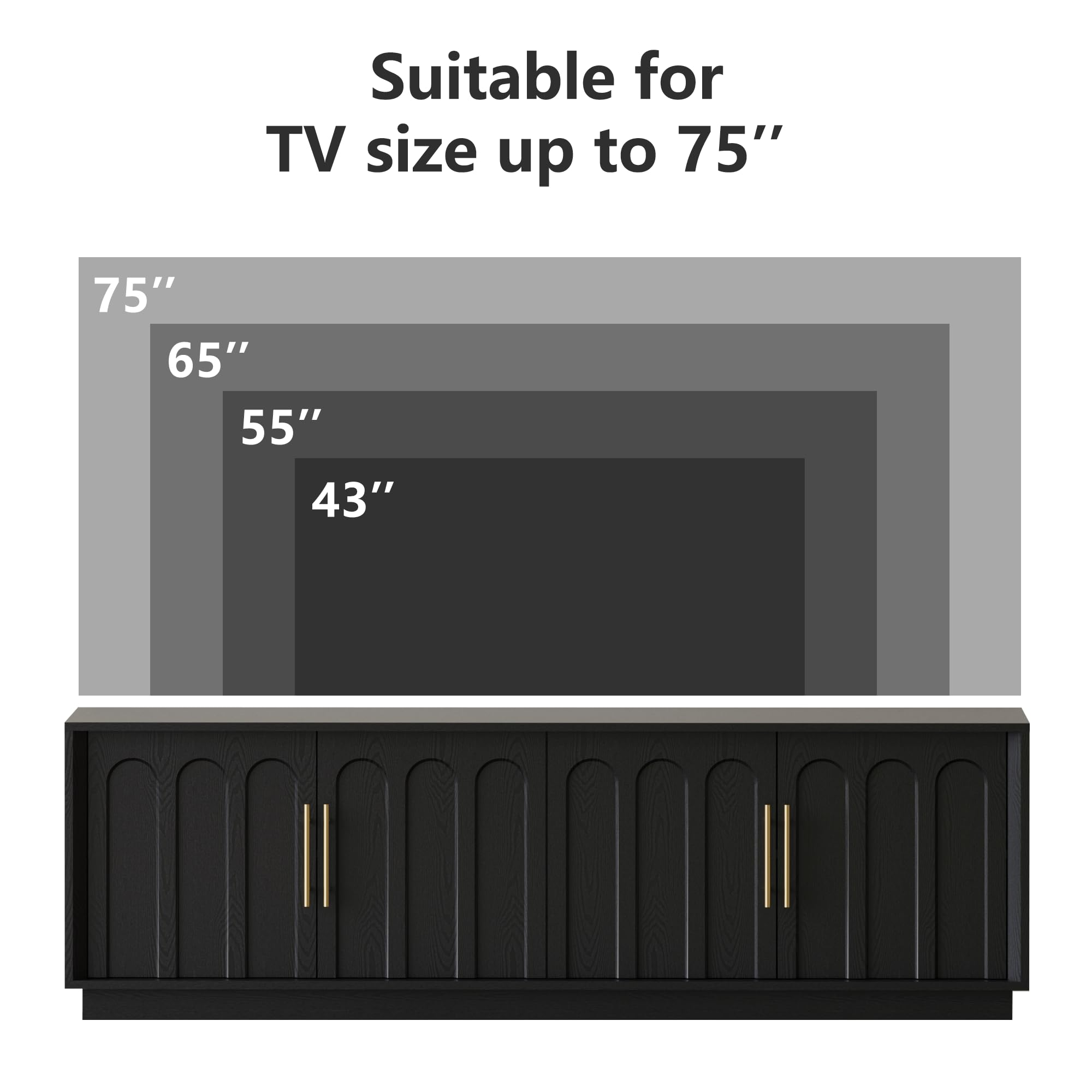 FORTUNETEC TV Stand for 75 Inch TV, 67" Entertainment Center with Arched Design, Minimalist Media Console with Adjustable Shelves, Modern TV Stand for Living Room Bedroom, Black