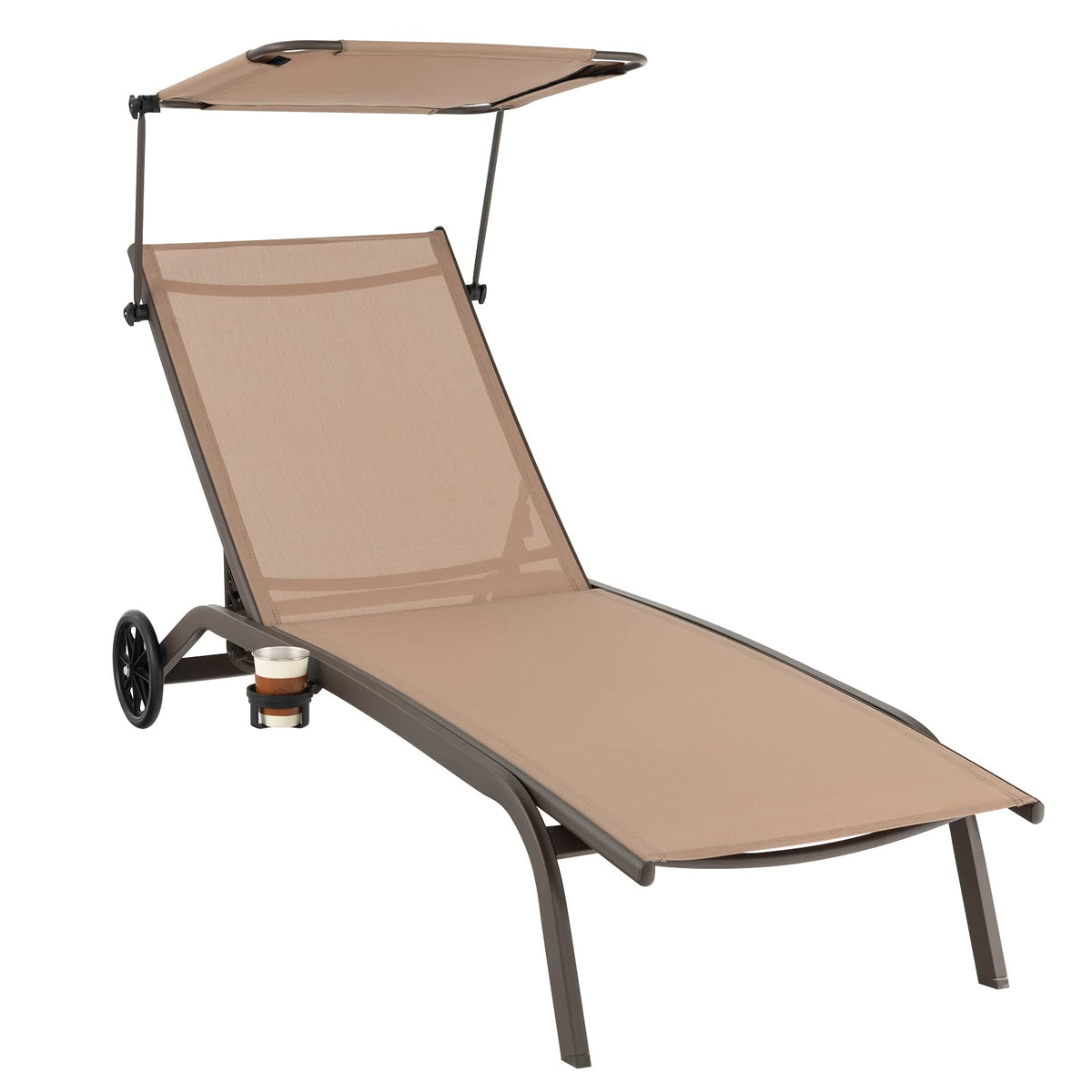Tangkula Patio Chaise Lounge Chair, Outdoor Recliner with Wheels, Adjustable Canopy & Cupholder, 6-Level Backrest, Heavy-Duty Metal Reclining Lounger for Poolside, Backyard (1, Brown)