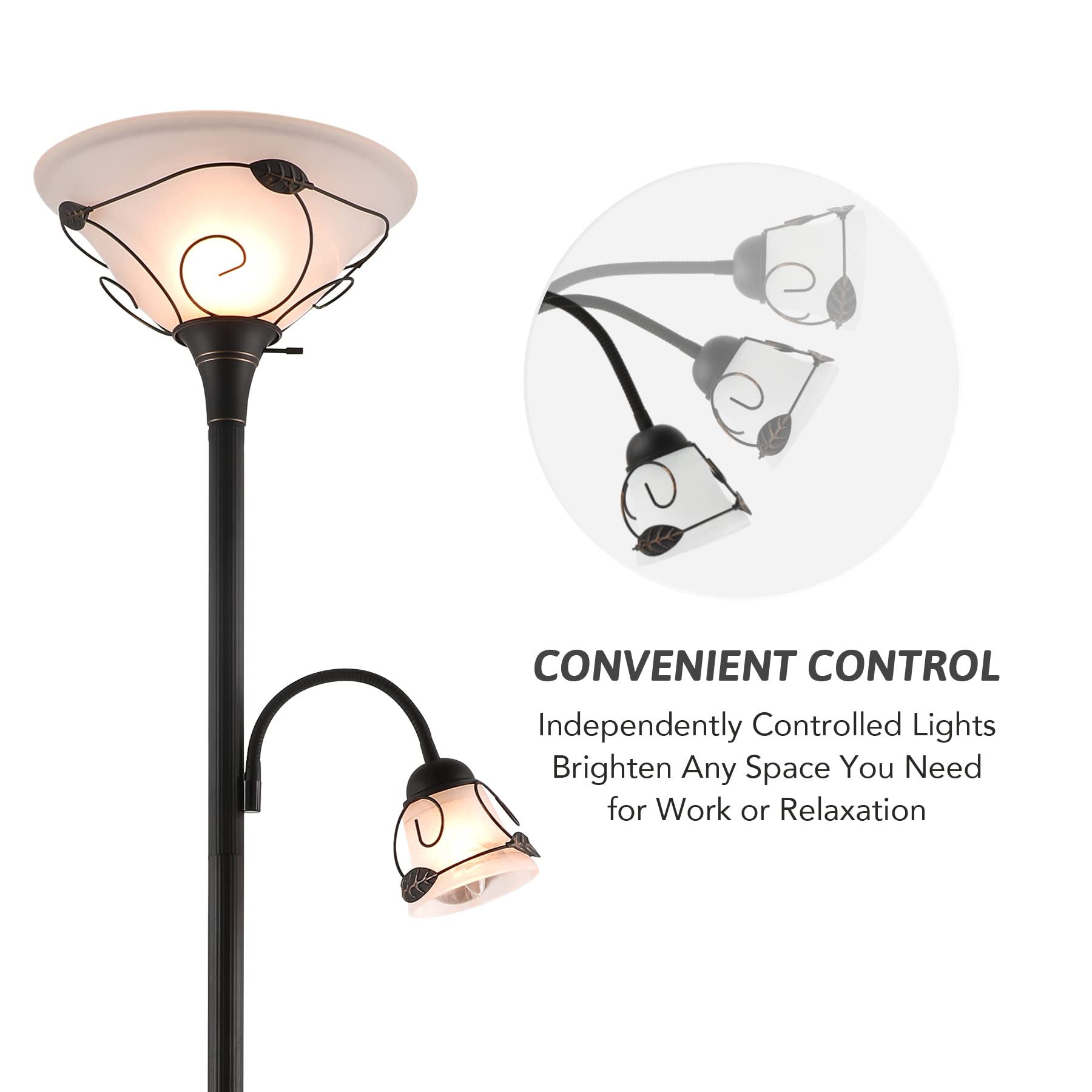 VONLUCE Torchiere Floor Lamp with Side Reading Light, 3-Way Switch Combo Antique Bronze Mother Daughter Floor Lamp with Glass Shade, 71" Desk Floor Lamp for Living Room Corner Bedroom Home Office