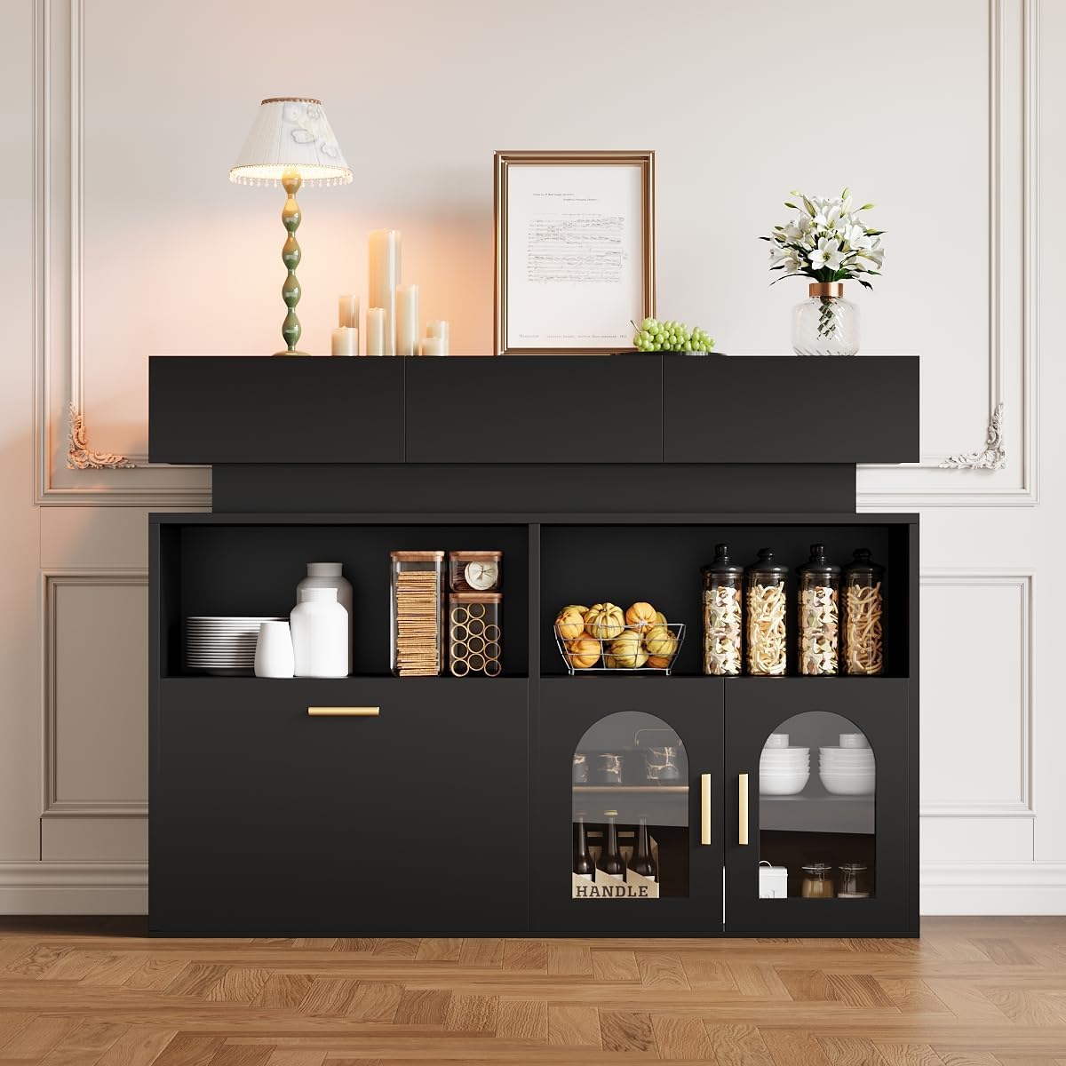 Coffee Bar Cabinet,Kitchen Storage Cabinet with 3 Drawers,Sideboard Buffet Cabinets with Ajustable Shelf,Wood Coffee Bar Table for Dinning Room/Living Room/Kitchen 55.04"L*15.61"W*41.93"H Black