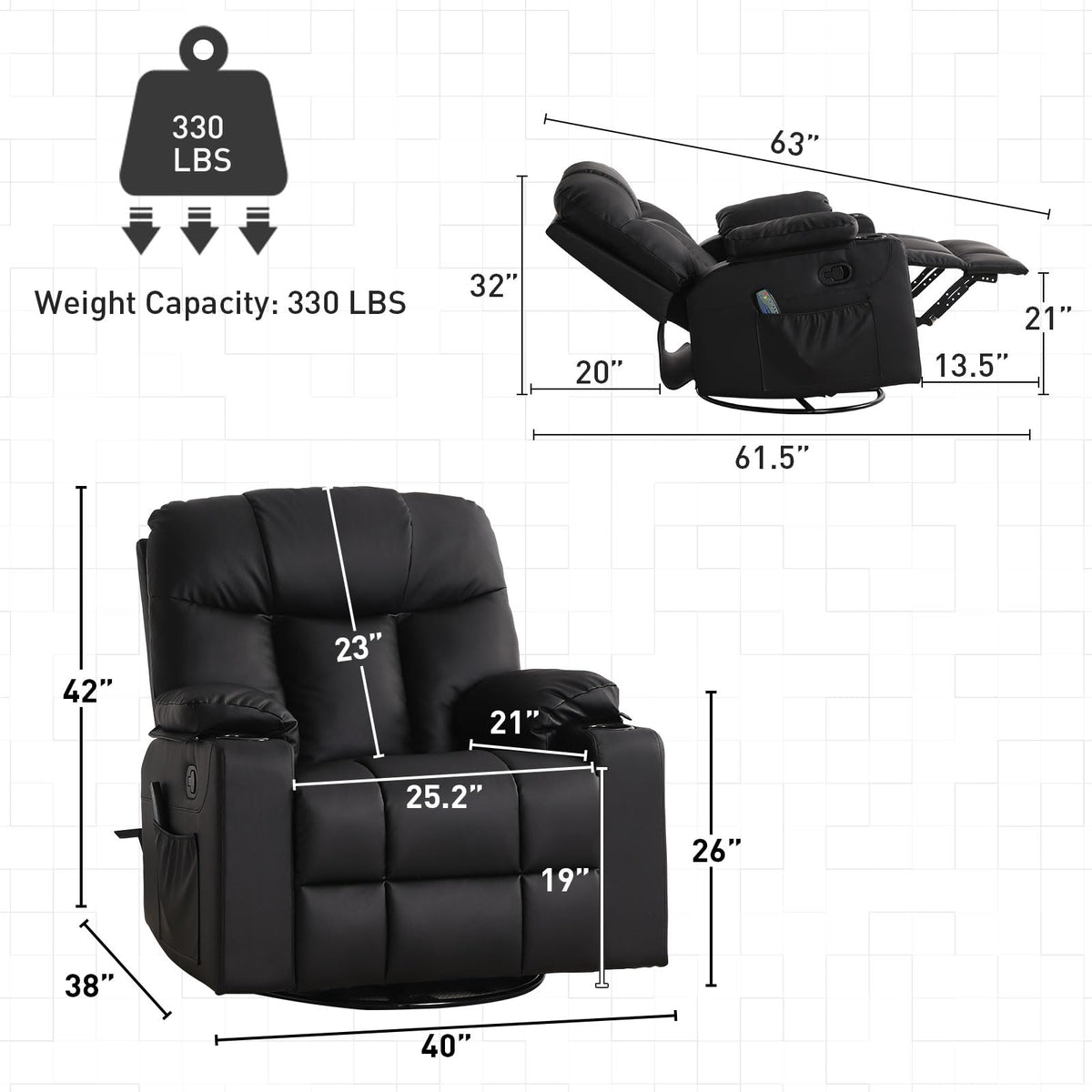 Bonzy Home Oversized Swivel Rocker Recliner, Rocking Recliner Chair, Black
