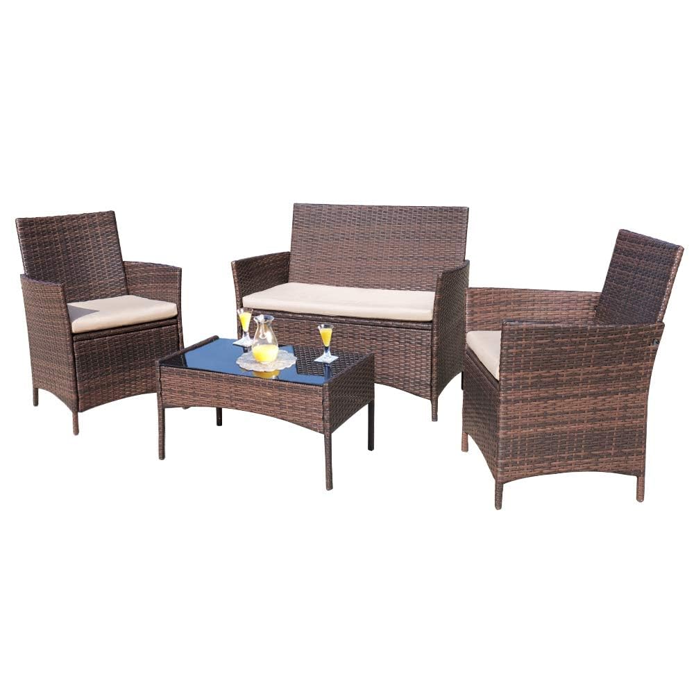 Homall 4 Pieces Outdoor Patio Furniture Set, Rattan Chairs, Brown & Beige