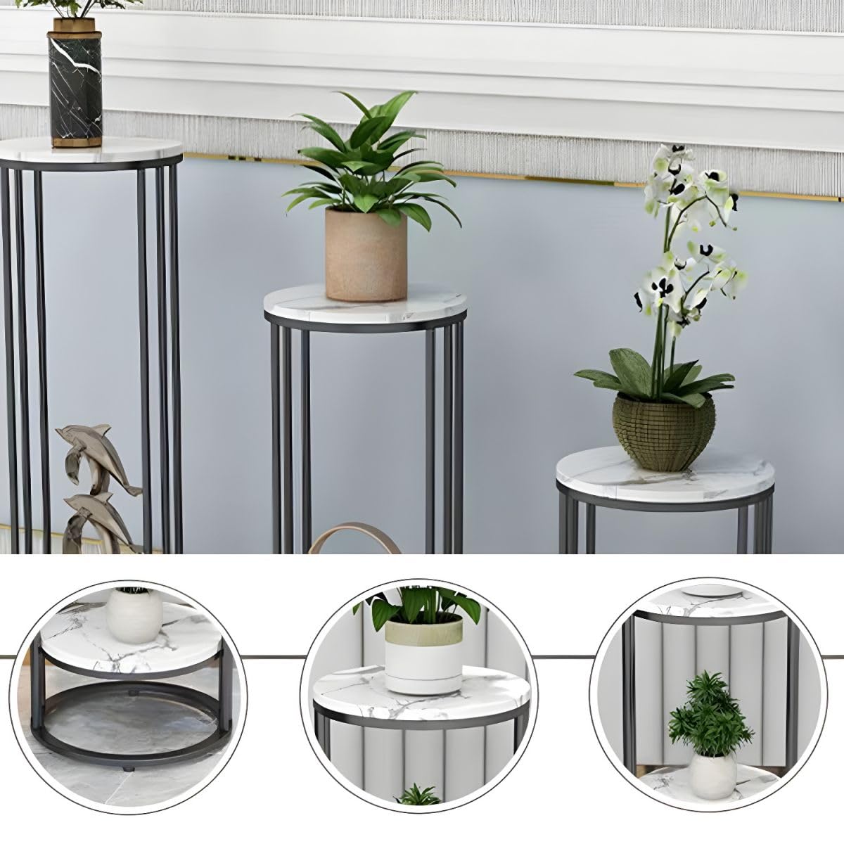 LAKIQ Round Plant Stand Stone Top Metal Frame Indoor Tall Plant Flower Shelf 2 Tiers Plant Table Plant Flower Holders for Corner Patio Garden Living Room Balcony(Black,12" L x 12" W x 27.5" H)