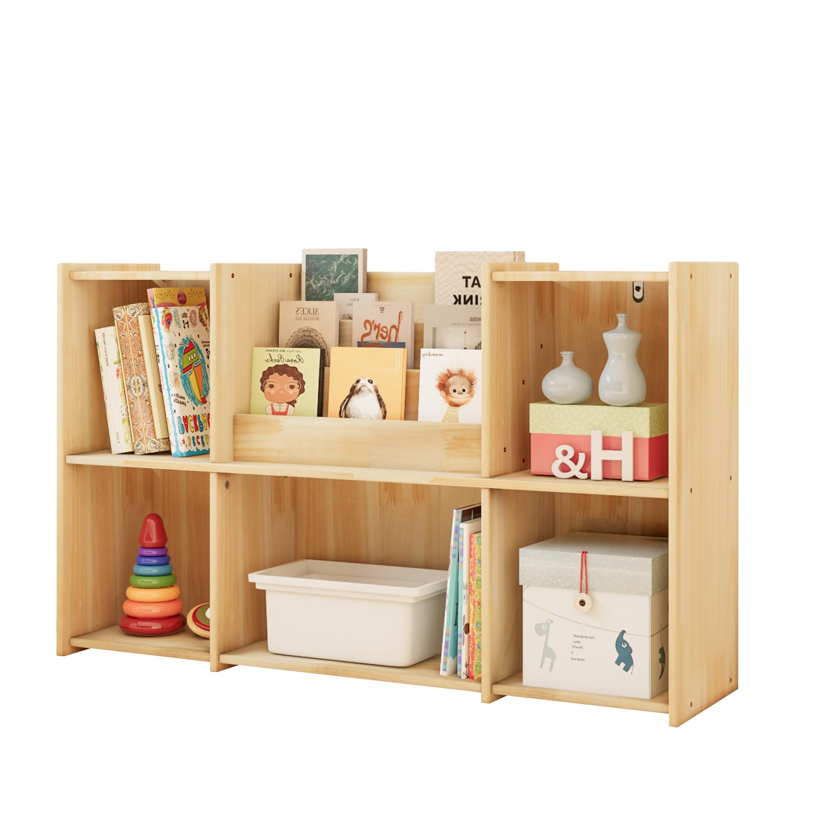 Chyanmoo Wooden Bookshelf, 2 Tier Low Profile Horizontal Bookcase with Storage Organizer, FSC Certified Wood, Space Saving Display Shelf for Living Room, Bedroom, Home Office