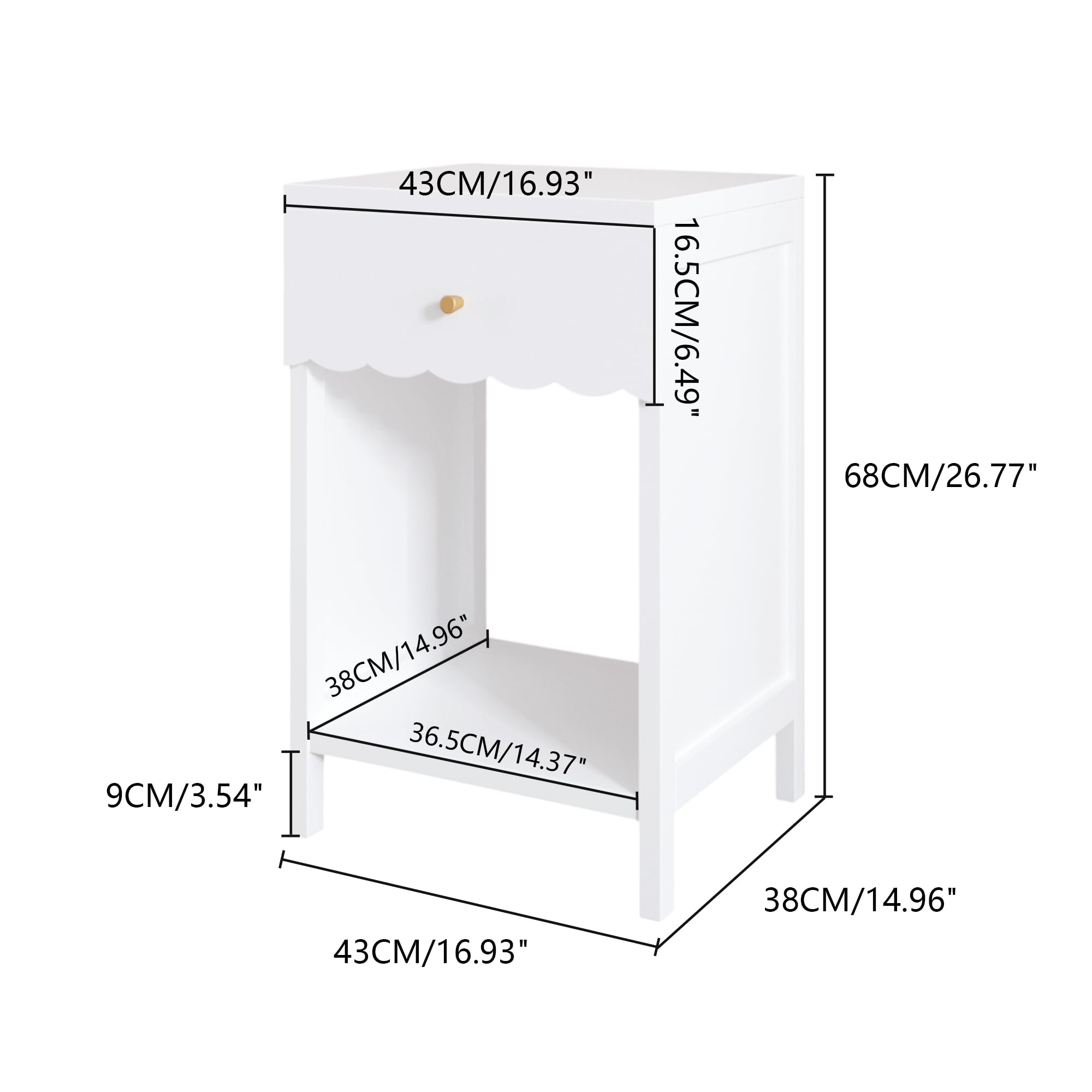 Xylavate Cute White Nightstand with Drawer and Open Shelf, Scalloped Edge Design Bedroom Bedside Table, Wood End Table for Kids Girls Bedroom, White