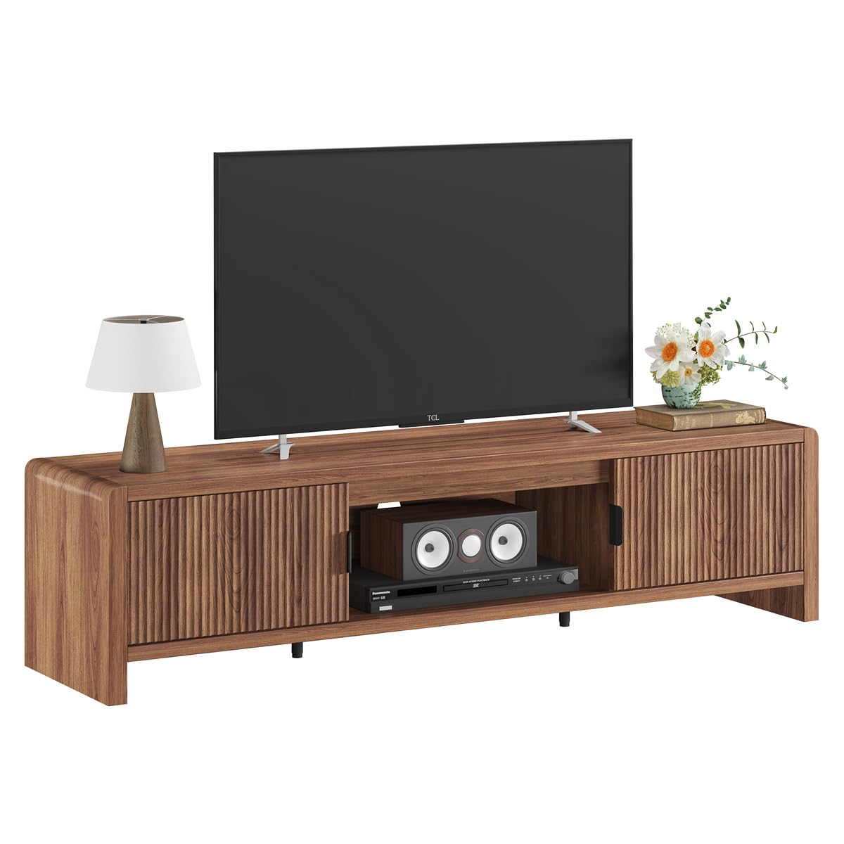 FATORRI TV Stand for 75/65/55 Inch TVs, Farmhouse Entertainment Center with Storage, Wood Waveform Fluted-Door Television Media Console for Living Room,Bedroom (63" W, Walnut)