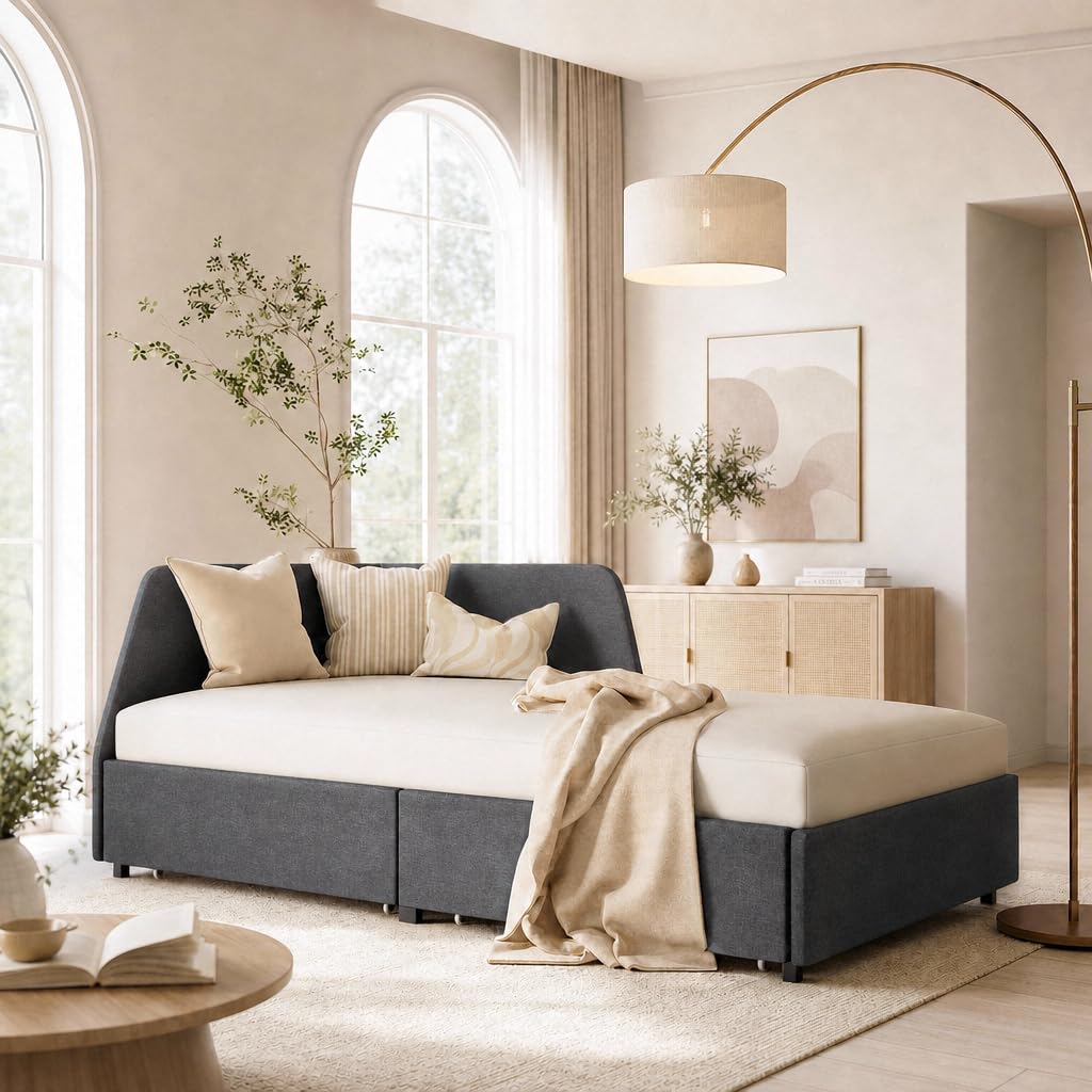 LIKIMIO Premium Twin Corner Daybed with 2 Drawers and Headboard, Grey