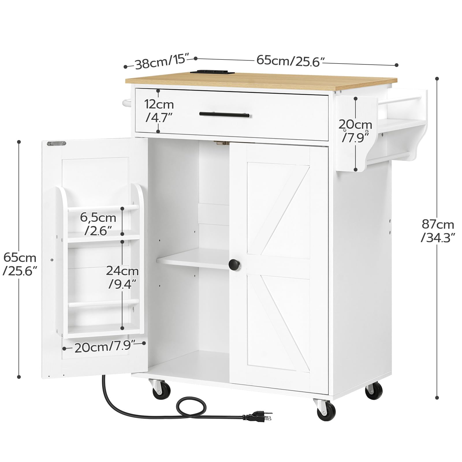 HOOBRO Kitchen Island with Power Outlet, Rolling Kitchen Island with Large Worktop, Kitchen Island Cart with Spice Rack and Drawer, Island Table for Dining Room, White and Natural WN88UZD01