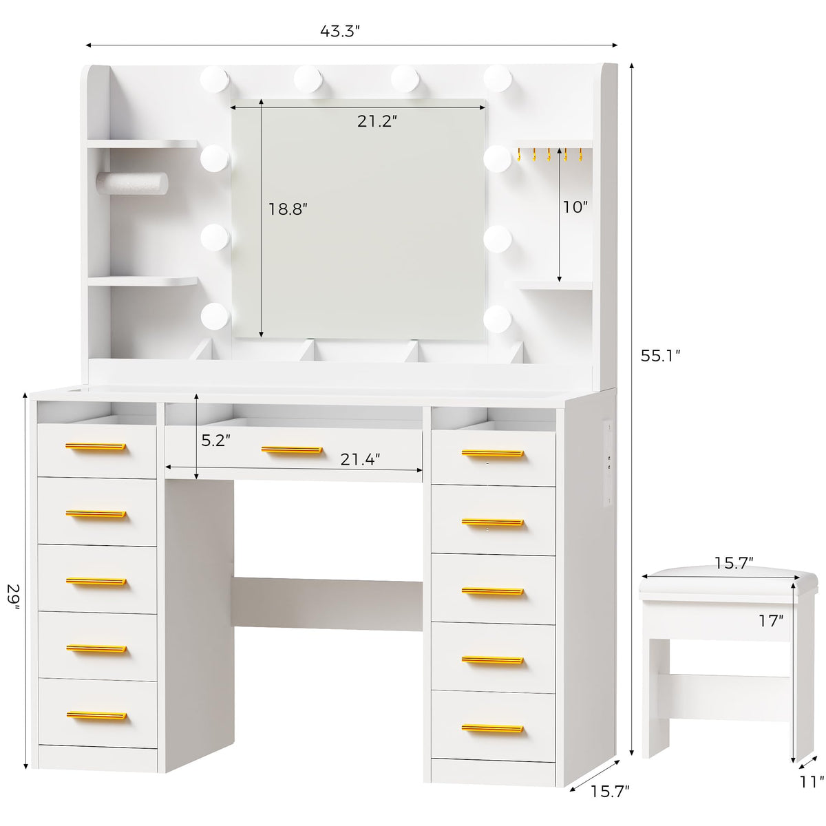 11-Drawer RGB Makeup Vanity with Mirror