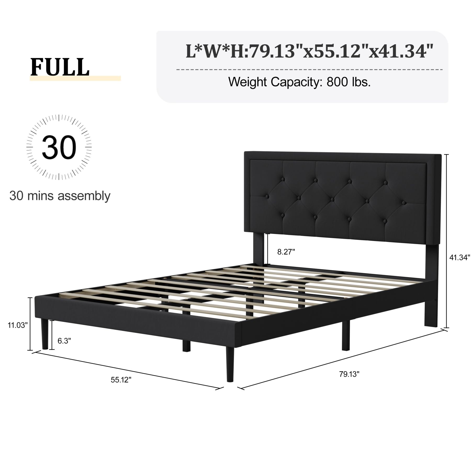 IOILORI Full Size Bed Frame with Upholstered Velvet Headboard, No Box Spring Needed, Button Tufting Design, Strong Wooden Slat, Black