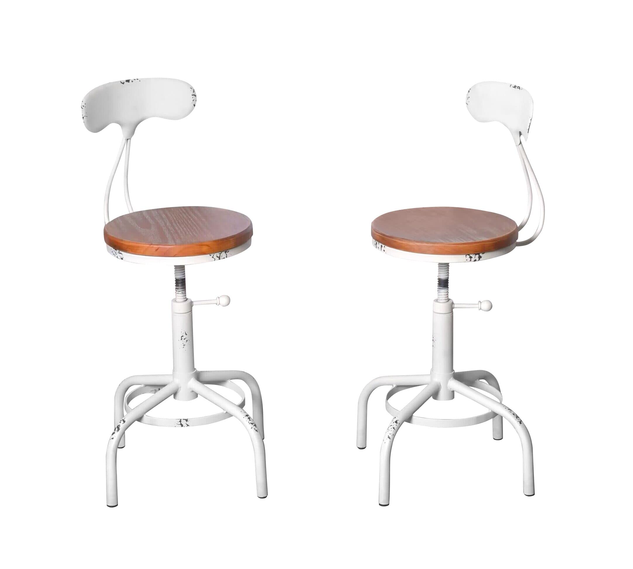 Topower 3 Piece Pub Table and Stool Set Round Bar Table Adjustable Height Coffee Desk Farmhouse Counter Height Bar Stools with Backrest Antique White 1 Table + 2 Stools