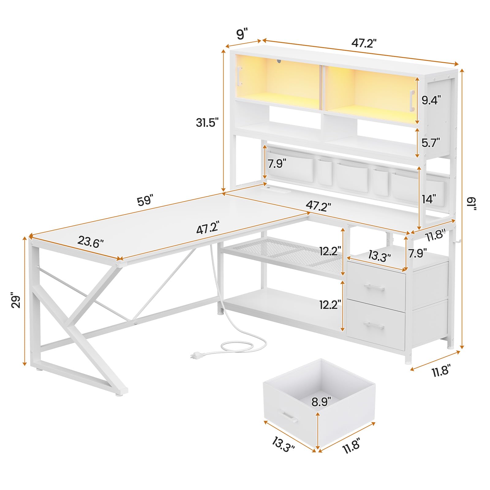 SEDETA L Shaped Gaming Desk, Home Office Computer Desk with 2 Drawer and Bookshelf, L Shaped Gaming Corner Desk with LED Light, Glass Cabinet,Storage Bag and Storage Shelves, White