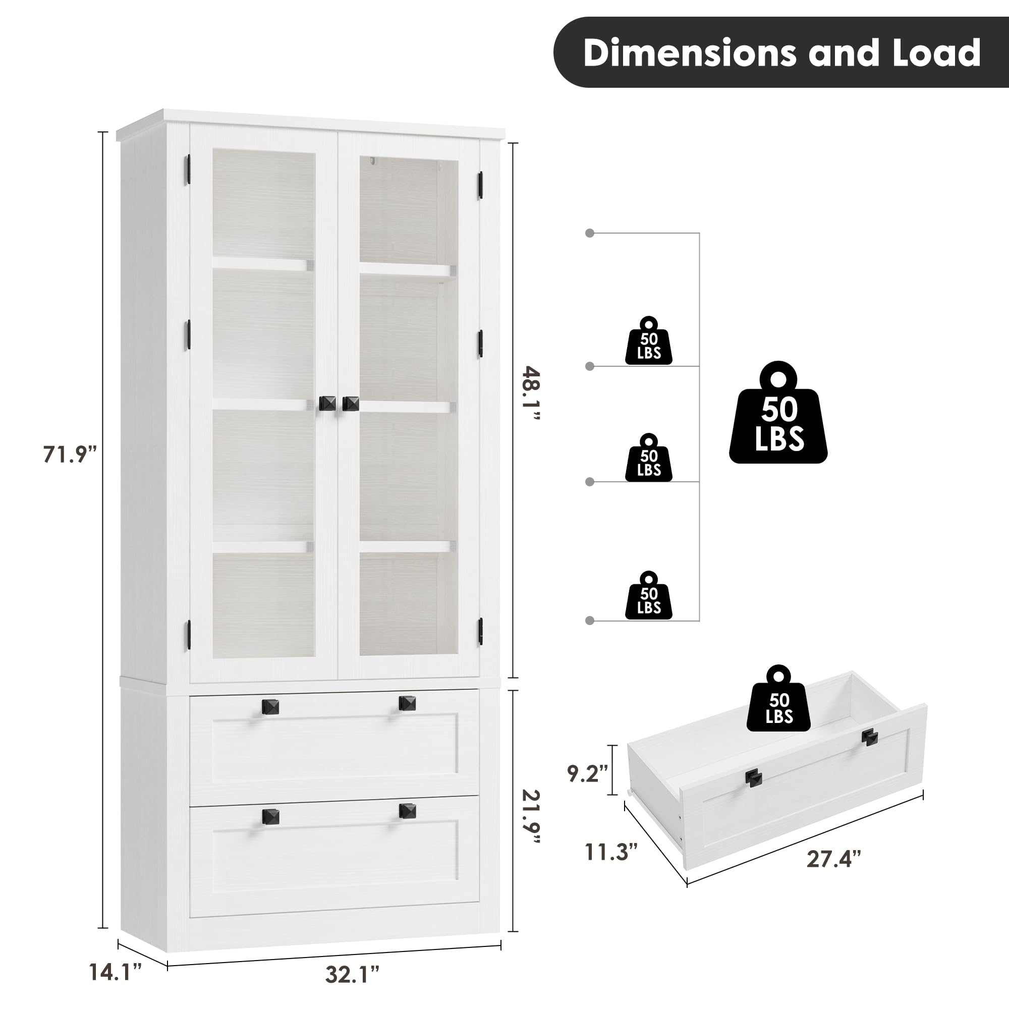 71" Tall Kitchen Pantry Cabinet - Modern Display Storage Cabinet with 2 Large Drawers, Glass Doors, and Adjustable Shelves, Farmhouse Kitchen Cupboard for Dining Room, Bathroom, Living Room, White