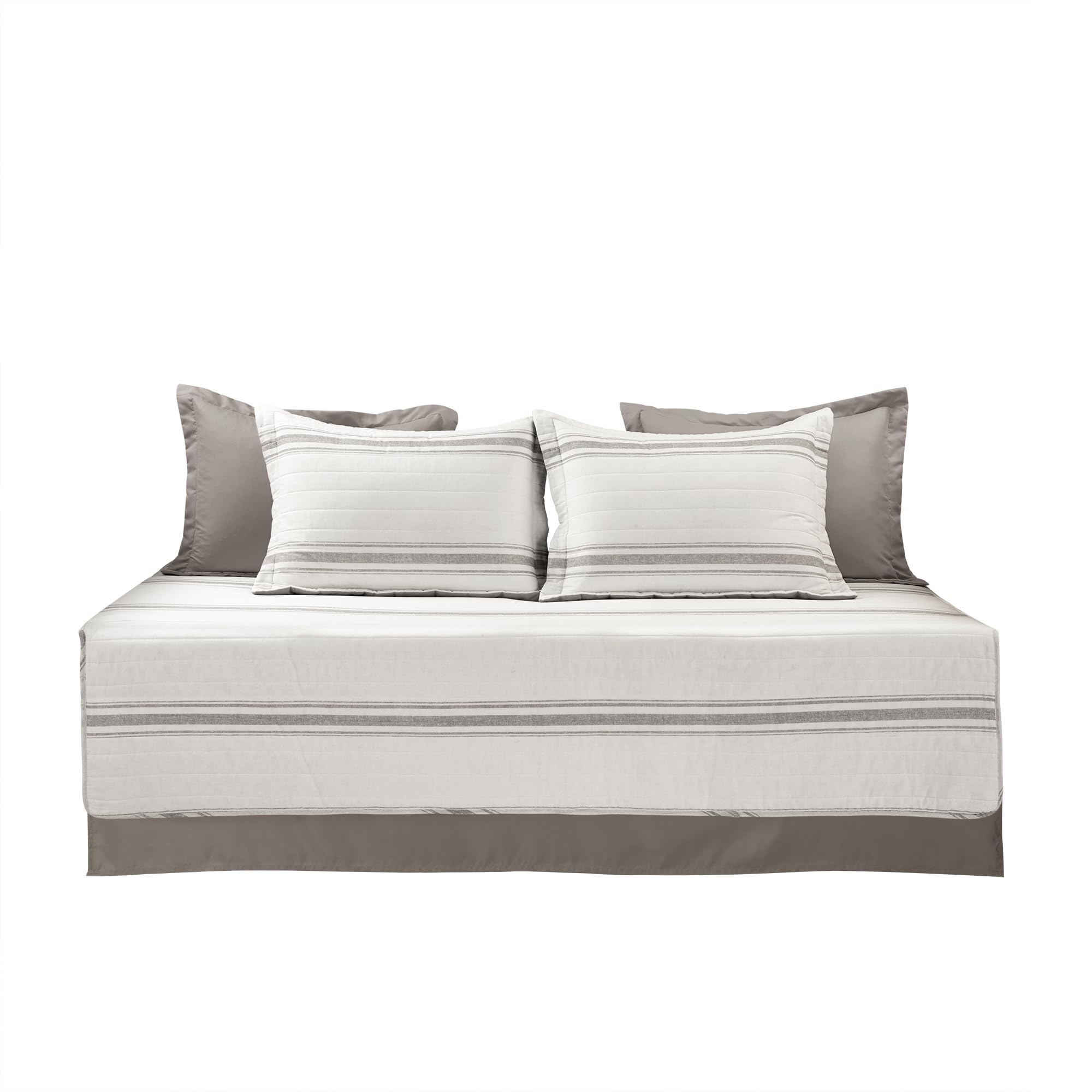 Lush Decor Farmhouse Stripe Cotton Daybed Cover Set, 6 Piece Set, 39" W x 75" L, Gray - Twin Daybed Bedding Sets - Rustic Decor - Striped Quilt - Modern Farmhouse Bedroom Decor