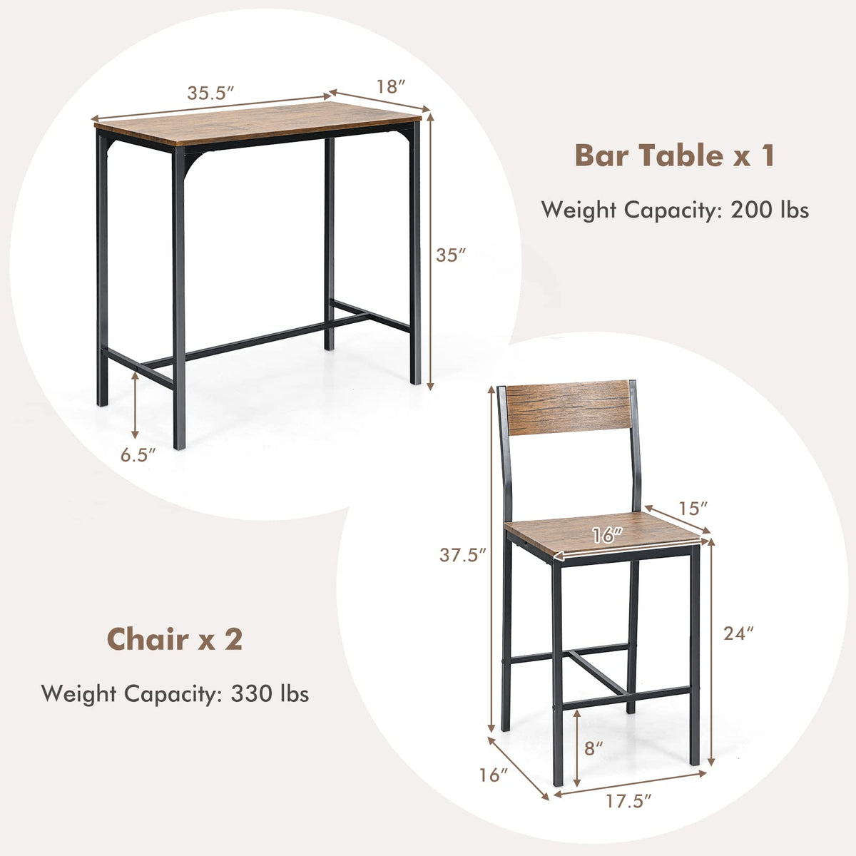 Rustic Brown 3-Piece Bar Table Set
