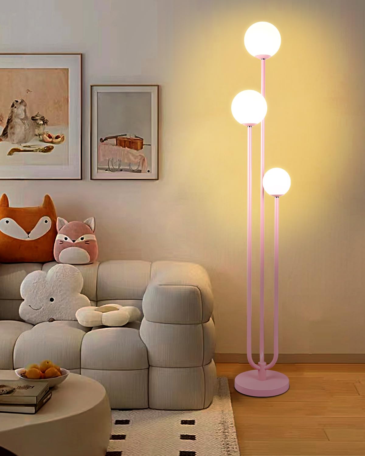 ACOHOOK 63IN 3-Light Dimmable Pink Floor Lamp, Unique Tall Standing Lamps with 3000K G9 Bulbs for Reading, Mid Century Modern Floor Lamp with 5Lbs Heavy Base for Living Room Bedroom Office