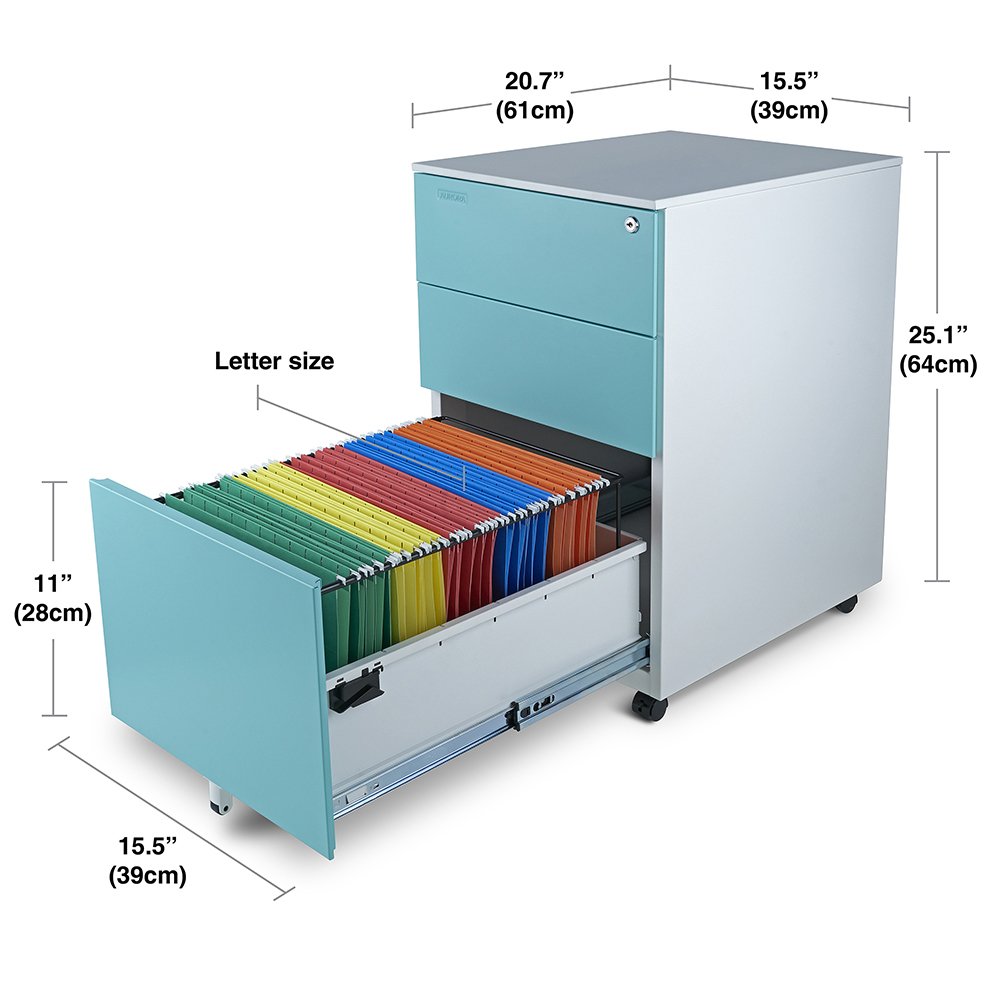 Aurora FC-103BL Fully Assembled Modern Soho Design 3-Drawer Metal Mobile File Cabinet with Lock Key, White/Aqua Blue