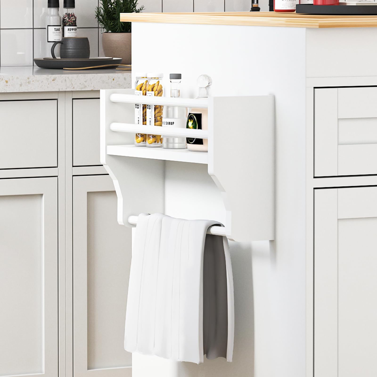 CayugaCrekrd 81.5" Kitchen Island with Extendable Dining Table, Rolling Kitchen Cart on Wheels with Spice Rack, Drawer and Door Cabinet for Dining Room, White