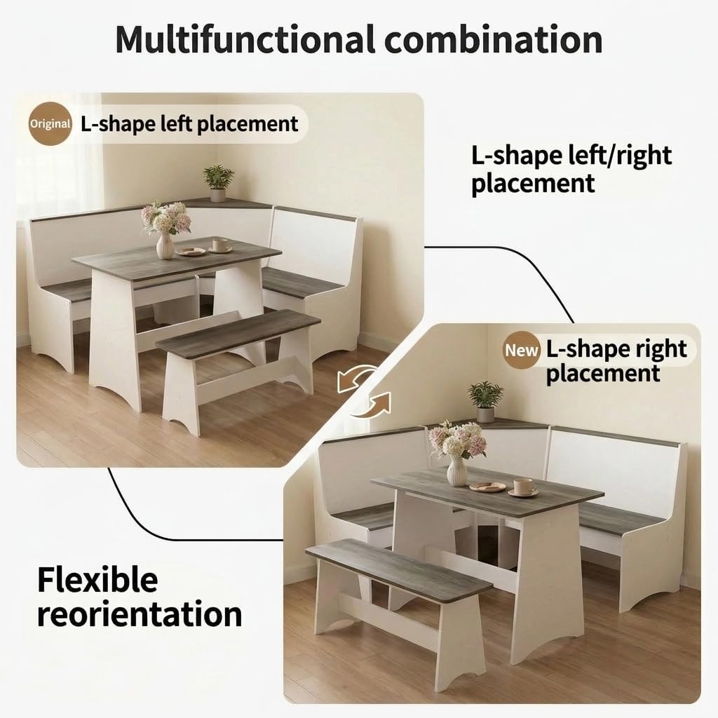 THE CARY C Farmhouse Breakfast Nook Table Set, Dining Nook Set with Corner Bench,with Storage Function Mid Century Modern Small Dining Table Set, Kitchen Table Corner Set (Gray + White)