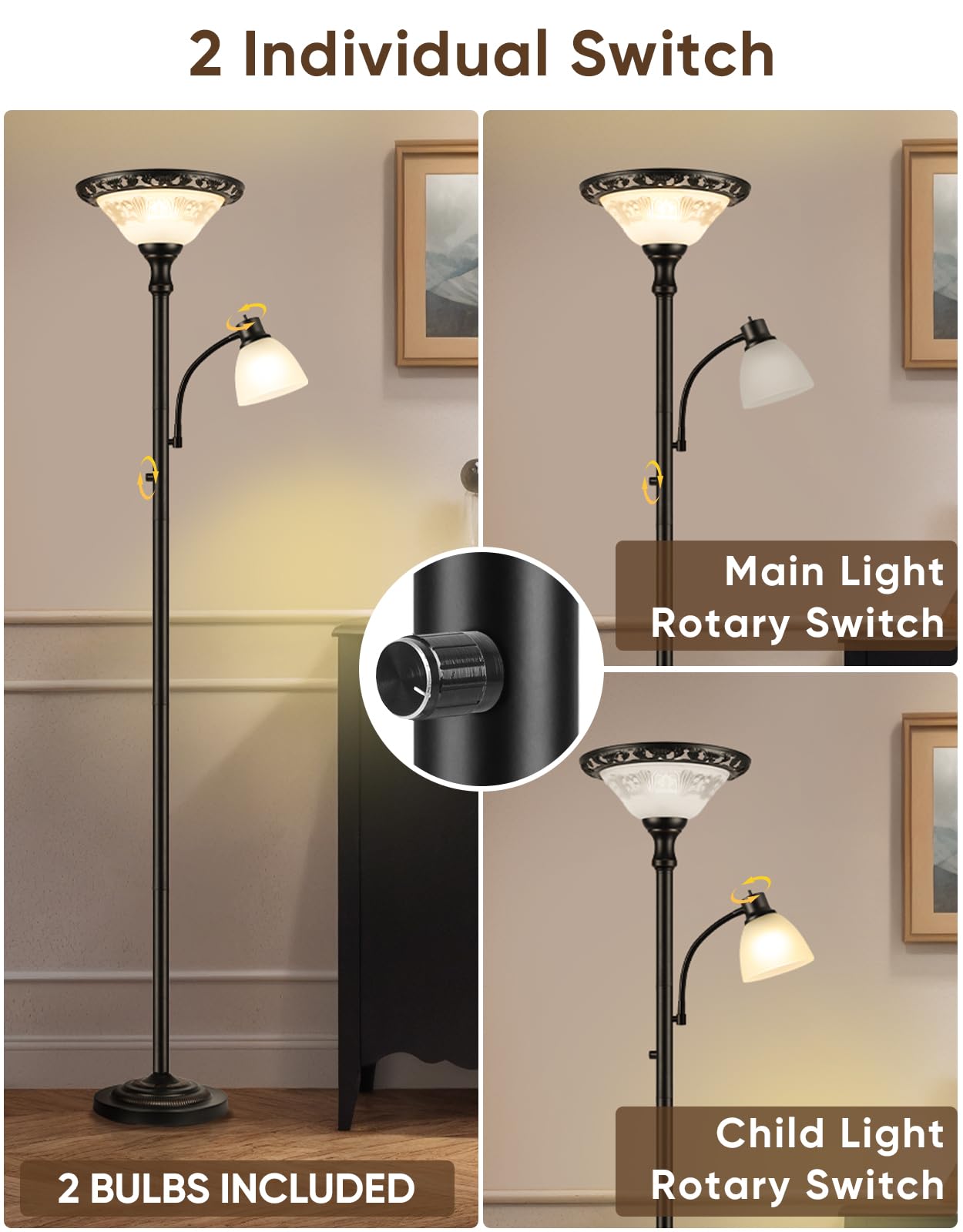 Torchiere Floor Lamps for Living Room, 71" Tall Standing Lamp with Thick Glass Shade, Metal Pole & Heavy Base, Vintage Corner Lamp with Reading Light Home Decor for Bedroom Office, 3CCT Bulb Included