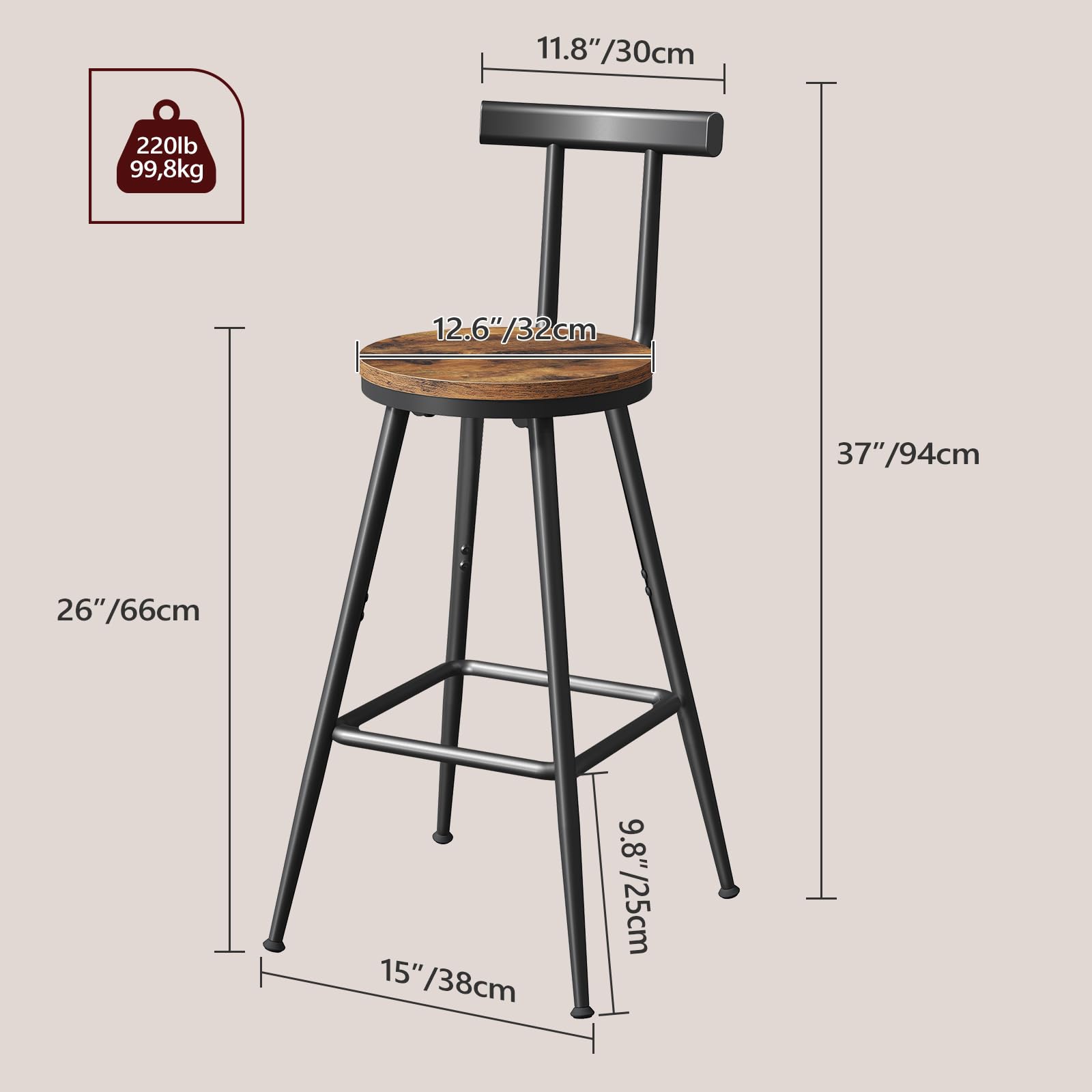 Bar Stools Set of 2 with Backrest & Footrest, 26" Counter Height