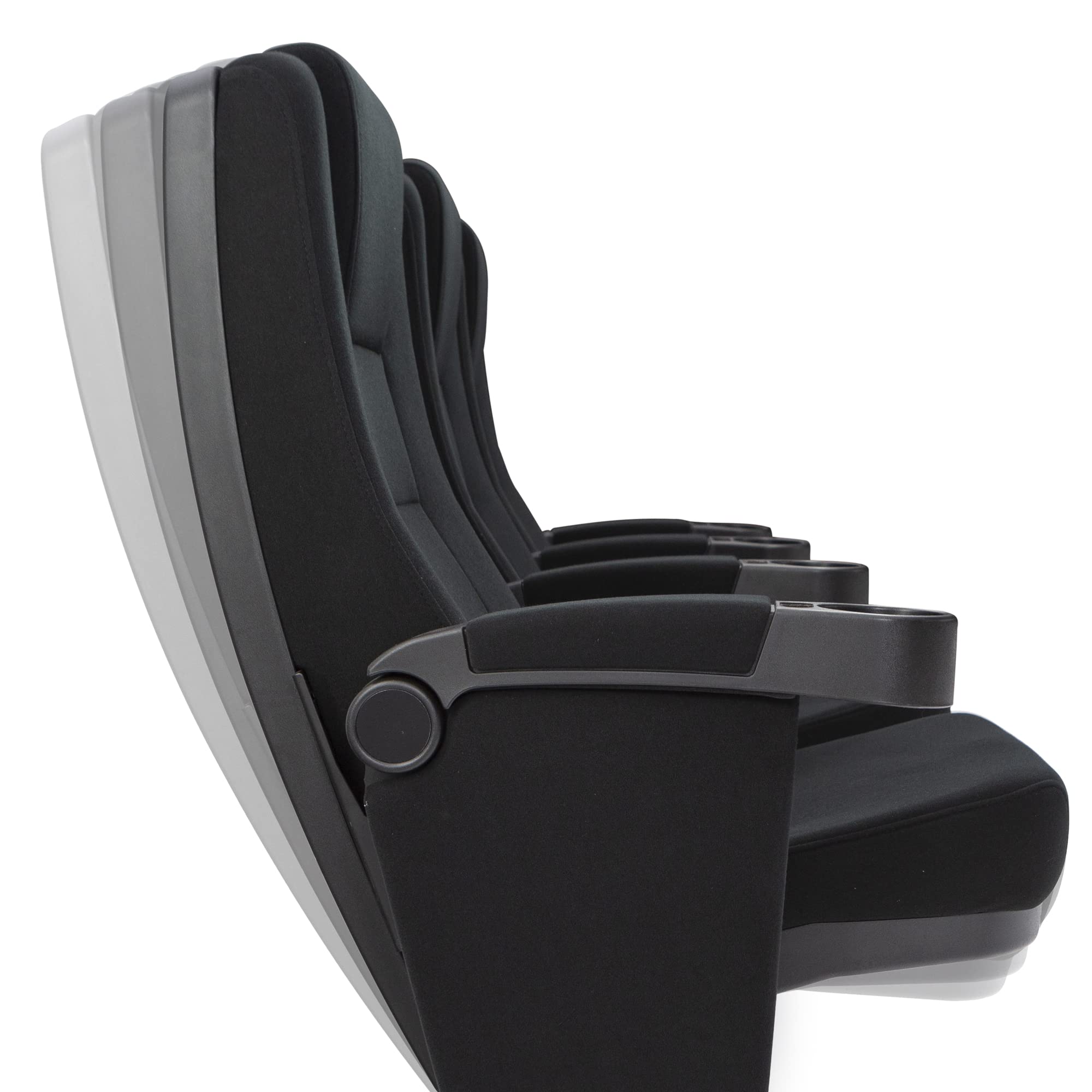 Seatcraft Zenith Movie Theater Seating, Fabric, No-Drill Free-Standing Base, Rocker Recliner, Flip-Up Armrests w/Cupholders, Gravity Lift Seat Surface, Row of 4, Black