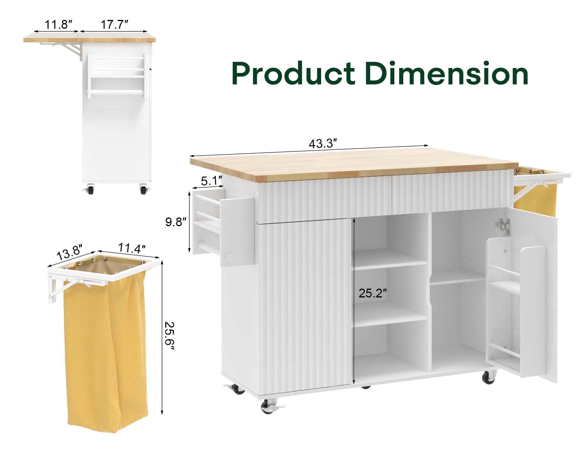 Linkriseed 43.3" x 29.5" Kitchen Island with Drop Leaf, Rolling Kitchen Island on Wheels with Removable Trash Bag, Kitchen Island Cart with Storage Cabinet, Drawers & Spice Rack, White