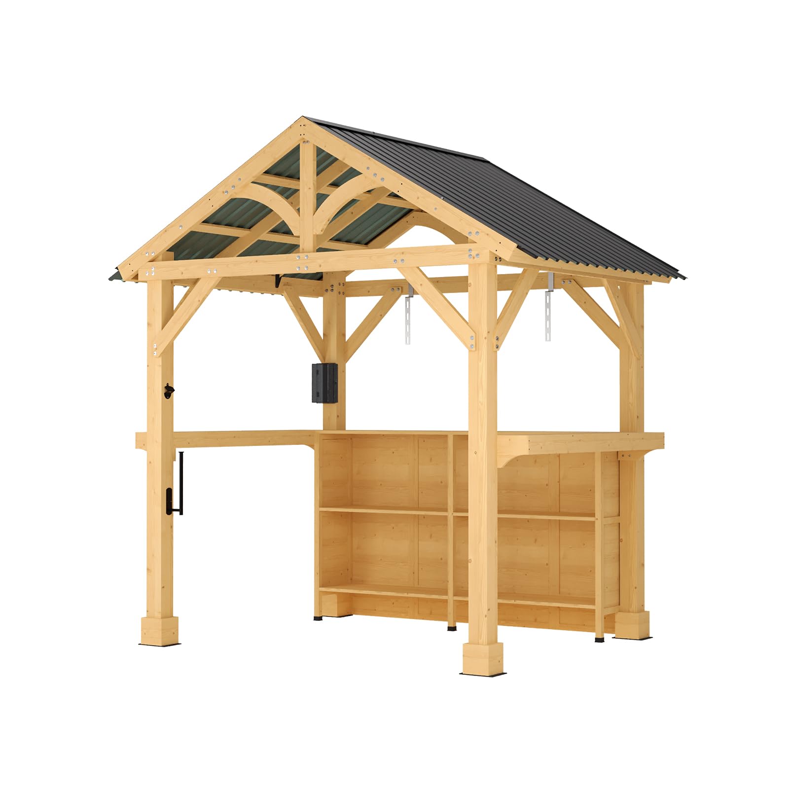 SUNBURY Shade Grill Gazebo, Outdoor Wood Bar Pavilion with Storage Shelves, Patio Bar Counter with Hardtop Galvanized Steel Roof, Backyard Entertaining Station for BBQ, Pool Party, Garden Deck