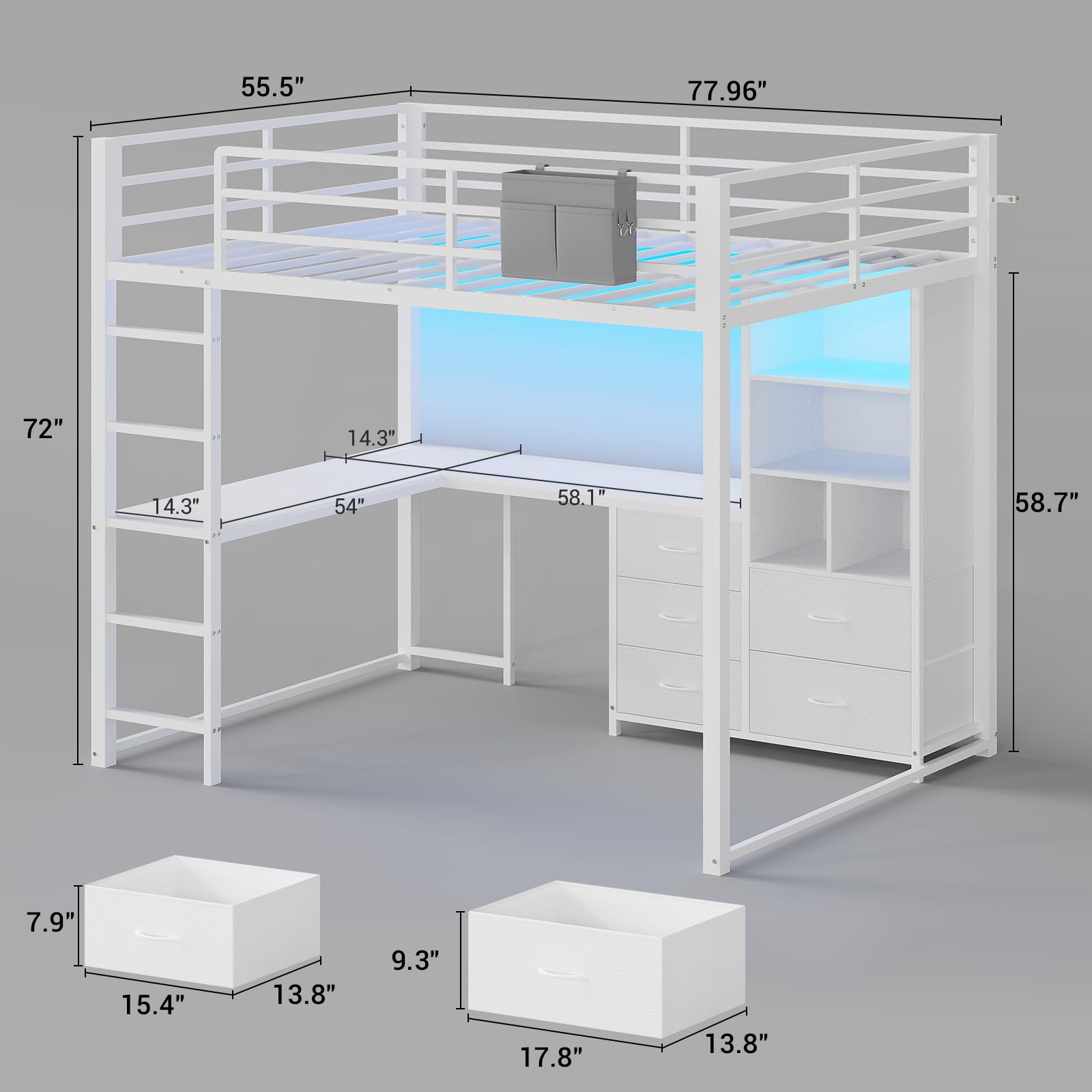 ADORNEVE Full Size Loft Bed with L Desk, 5-Tier Bookshelf, 5 Storage Drawers, LED Metal Loft Bed with Power Outlet, Loft Beds with Safety Guardrail & Ladders, No Box Spring Needed, White